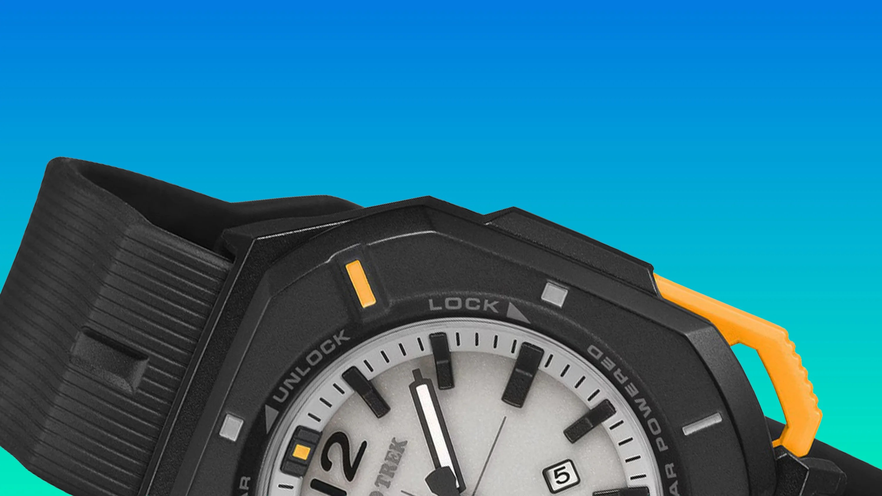 Close-up of a black rugged watch with a white dial, black hour markers, and an orange button on the side.