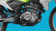 Close-up of a motorcycle engine with "CFMOTO" branding, black frame, and knobby tires against a blue background.