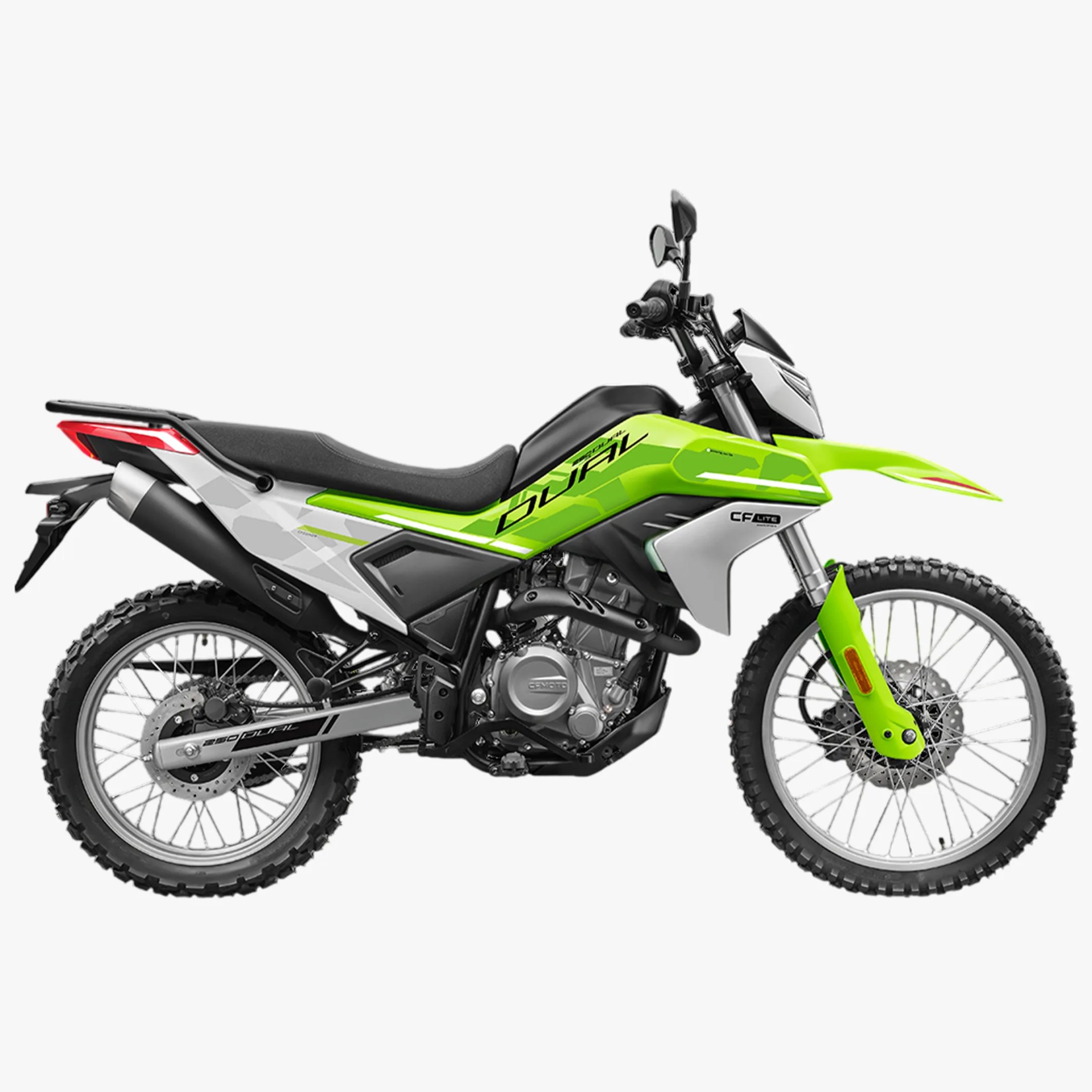 Green and white dual-sport motorcycle with knobby tires and black seat on a white background.