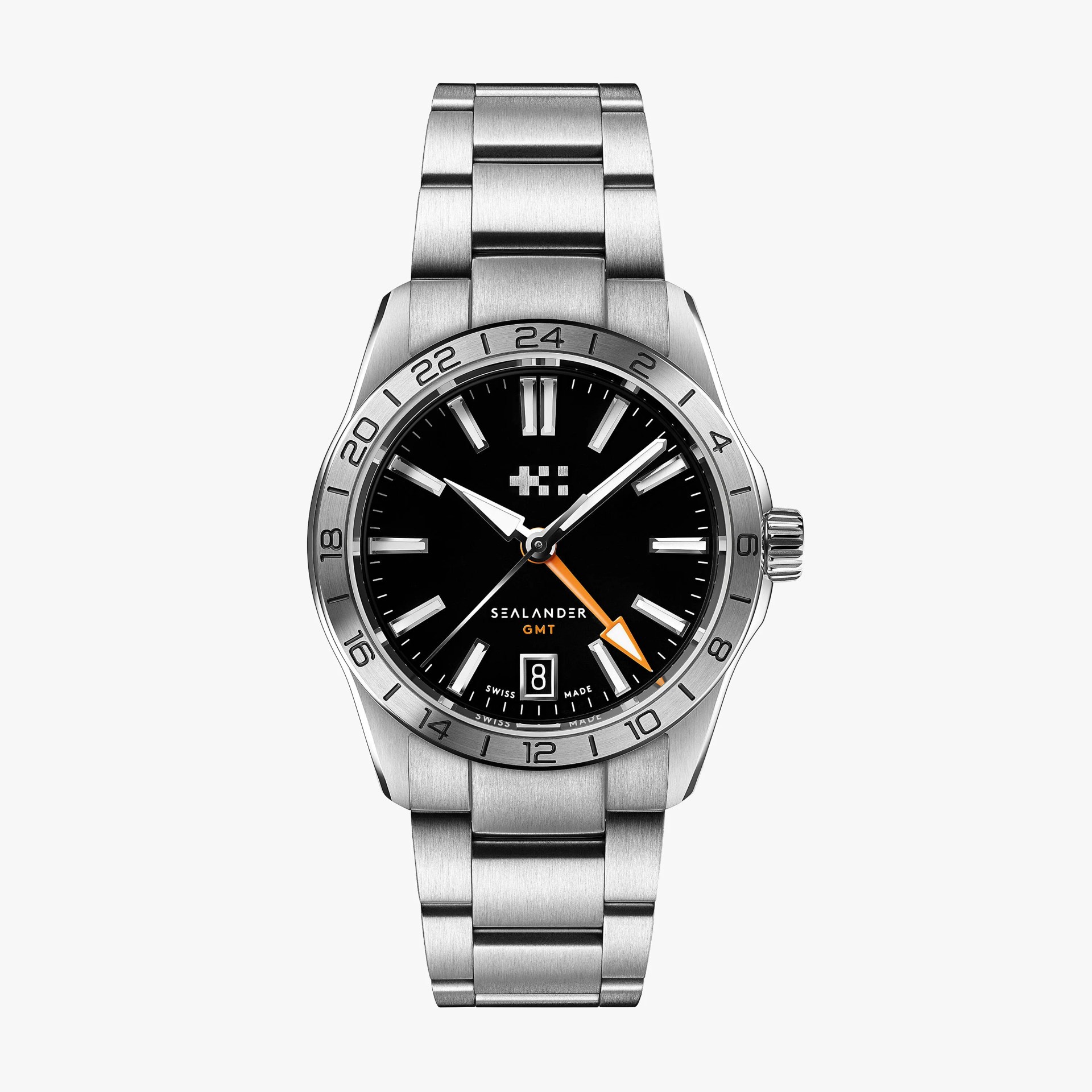 Stainless steel wristwatch with black dial, white hour markers, orange GMT hand, and date window at 6 o'clock.