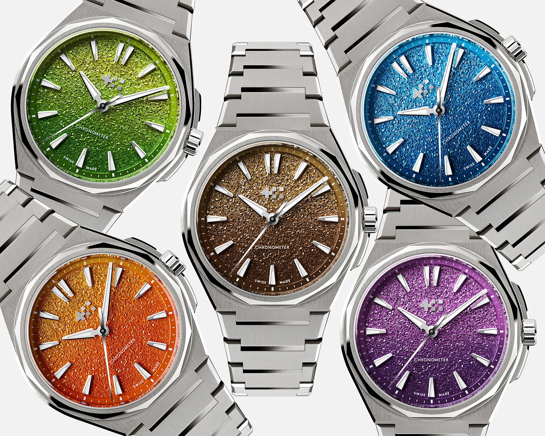 Five stainless steel wristwatches with textured dials in green, blue, brown, orange, and purple.