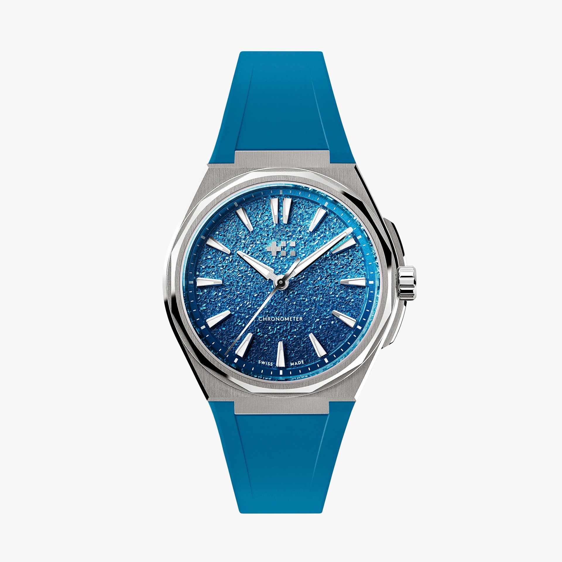 Silver watch with textured blue dial, silver hour markers, and blue rubber strap.