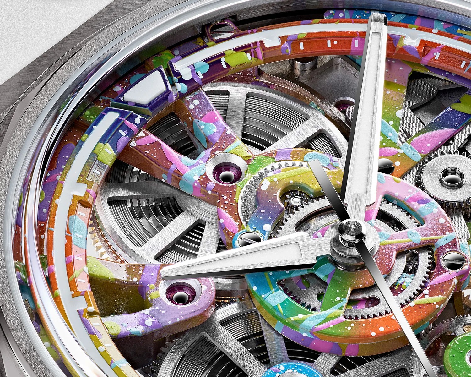 Close-up of a mechanical watch movement with colorful splattered paint on the gears and components.