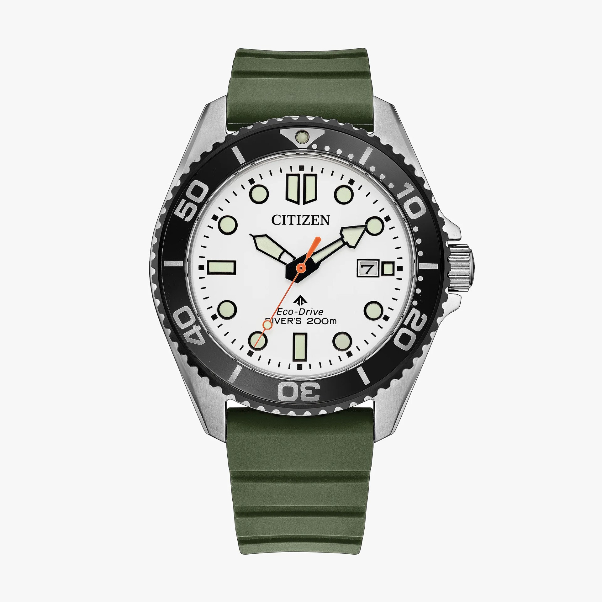 Diver's watch with white dial, black bezel, green rubber strap, and luminous markers and hands.