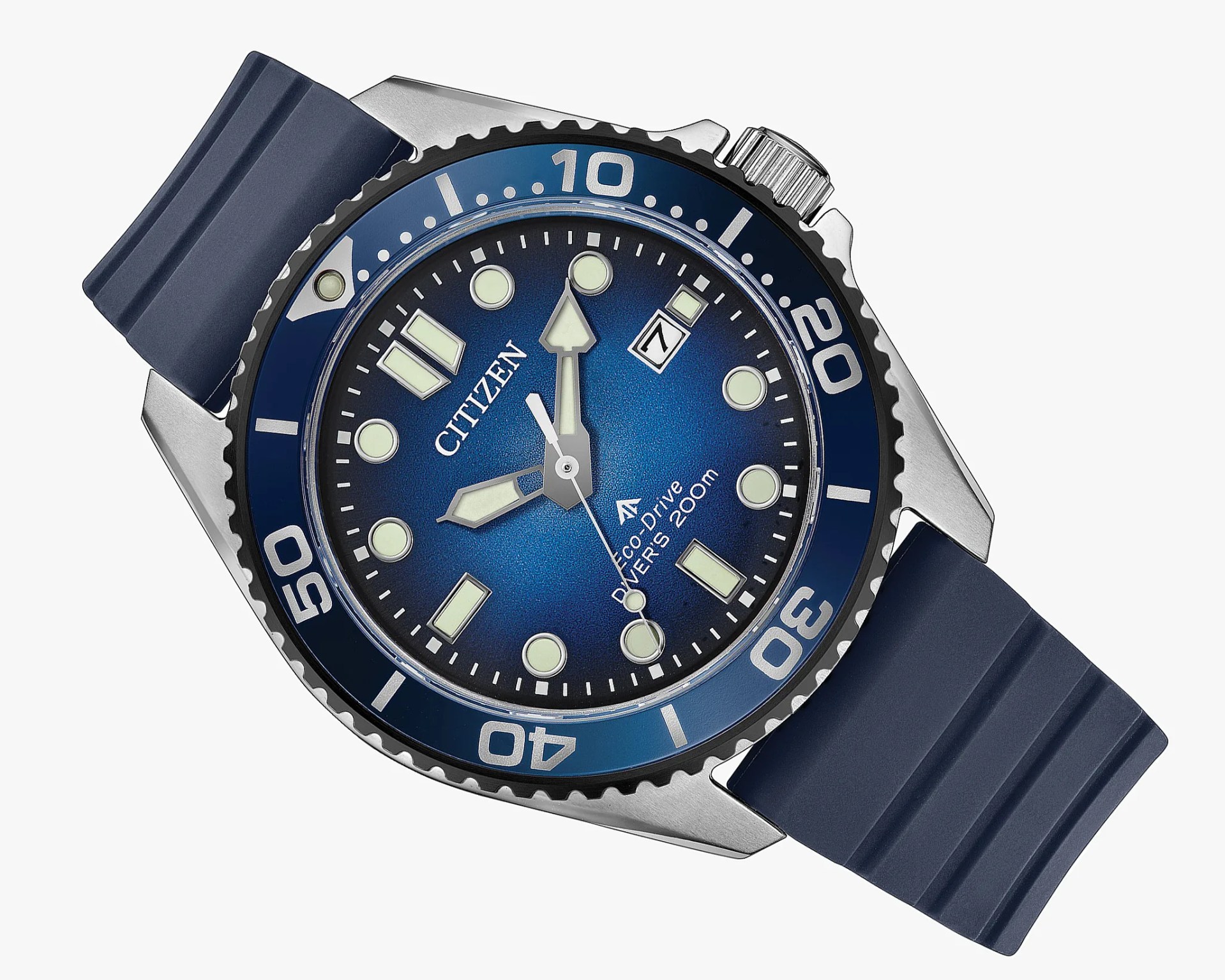 Blue dial Citizen Eco-Drive diver's watch with luminous markers and blue rubber strap.