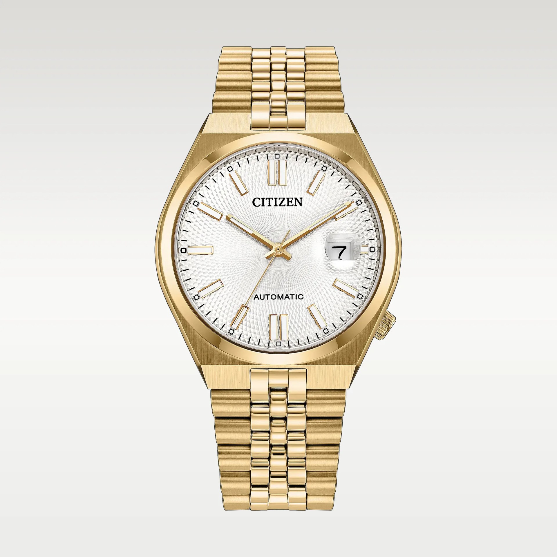 Gold-tone Citizen wristwatch with textured white dial, gold hour markers, date window, and linked bracelet.