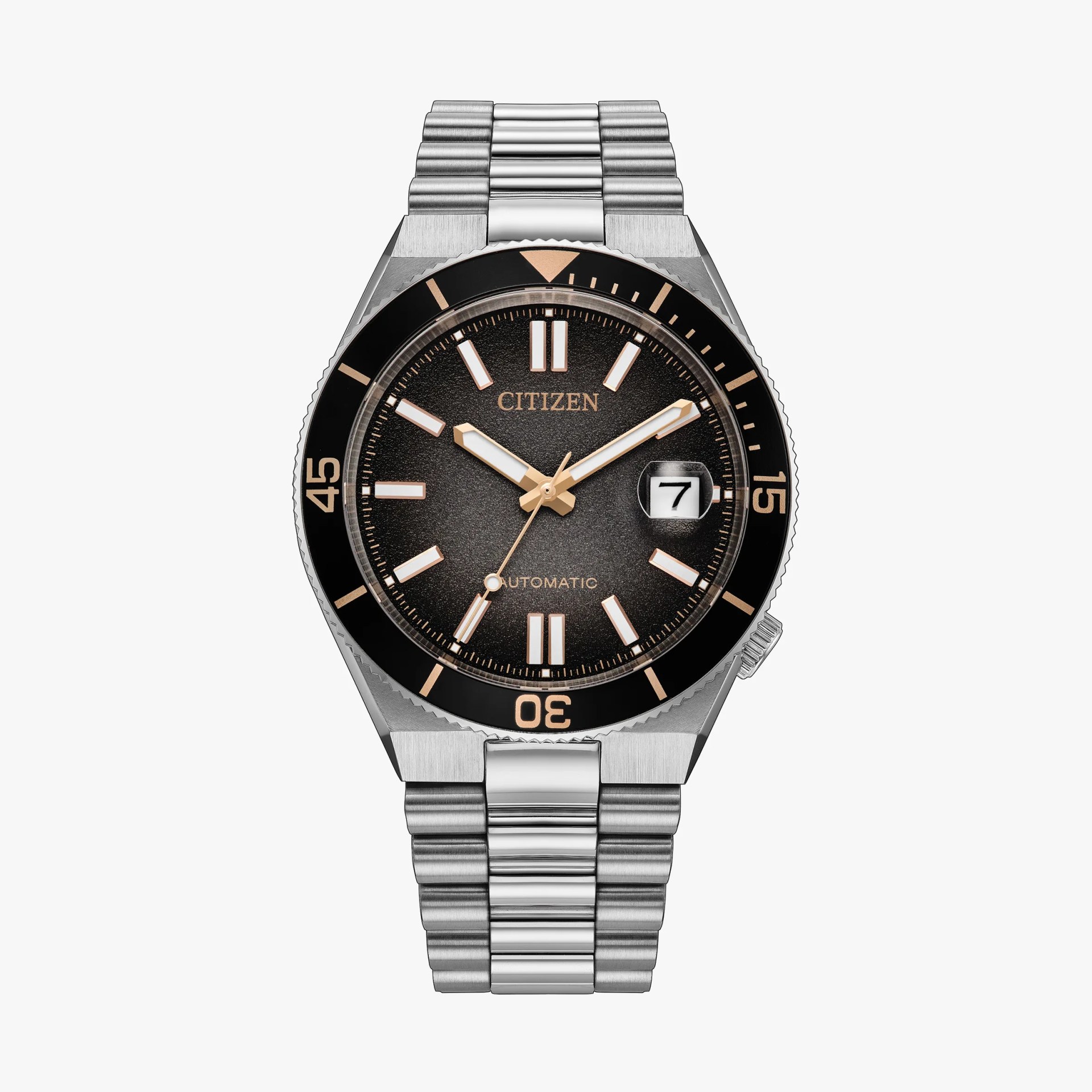 Stainless steel Citizen automatic wristwatch with black textured dial, gold-tone hands, and date window.