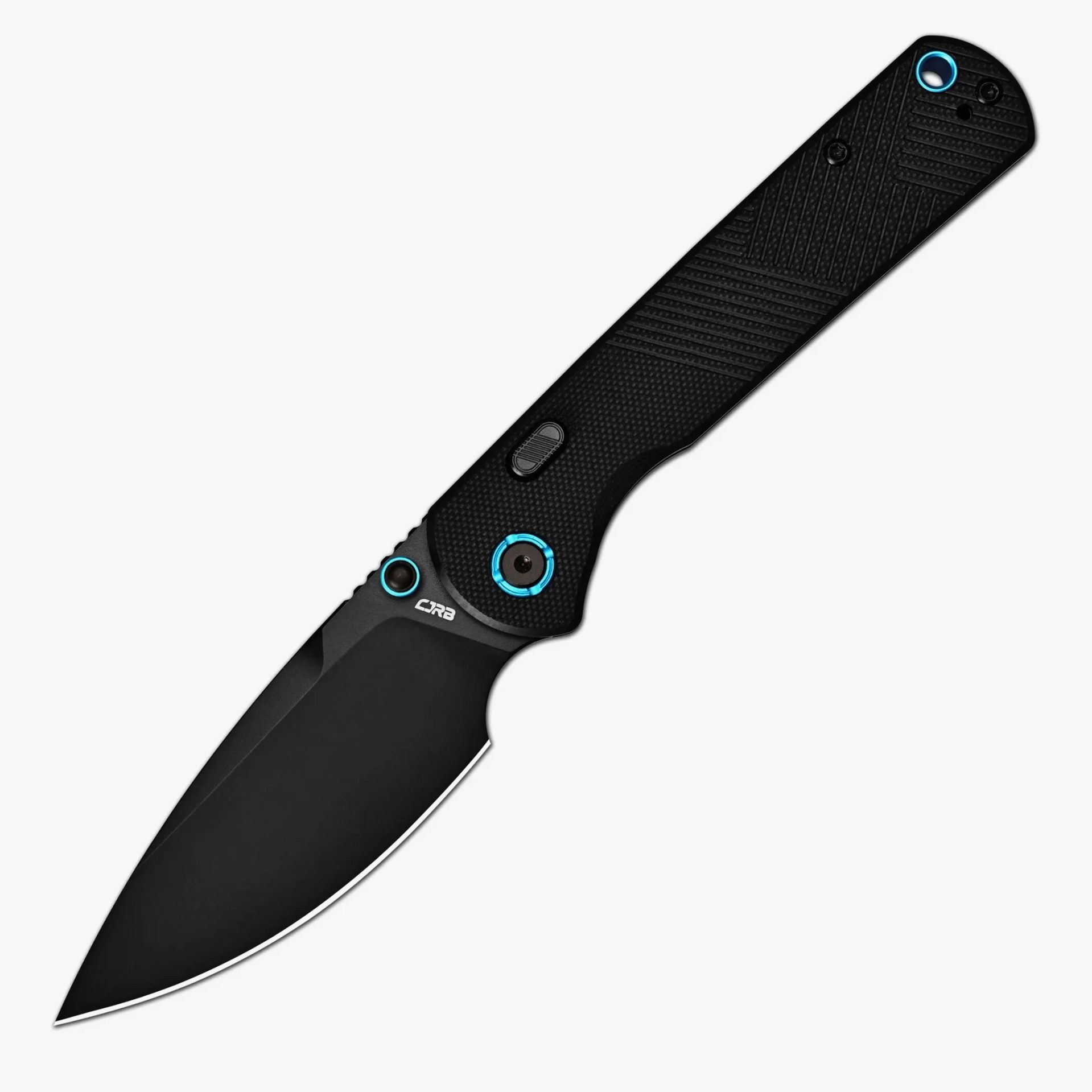 Black tactical folding knife with textured handle and blue accent screws.