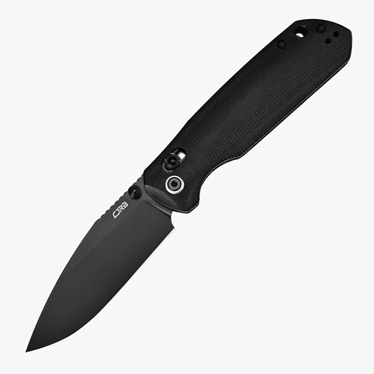 Black folding knife with textured handle and drop-point blade marked "CRB.