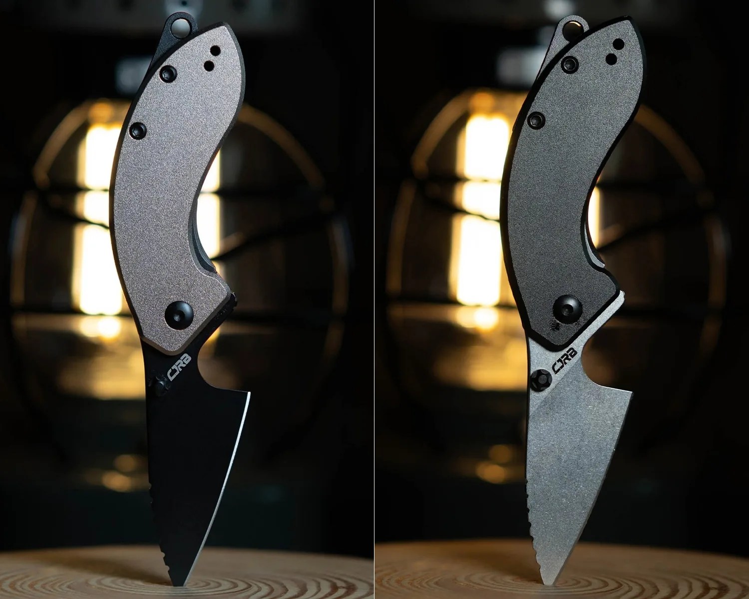 Two close-up views of a folding knife with a textured silver handle and a partially serrated blade, standing upright on a wooden surface.