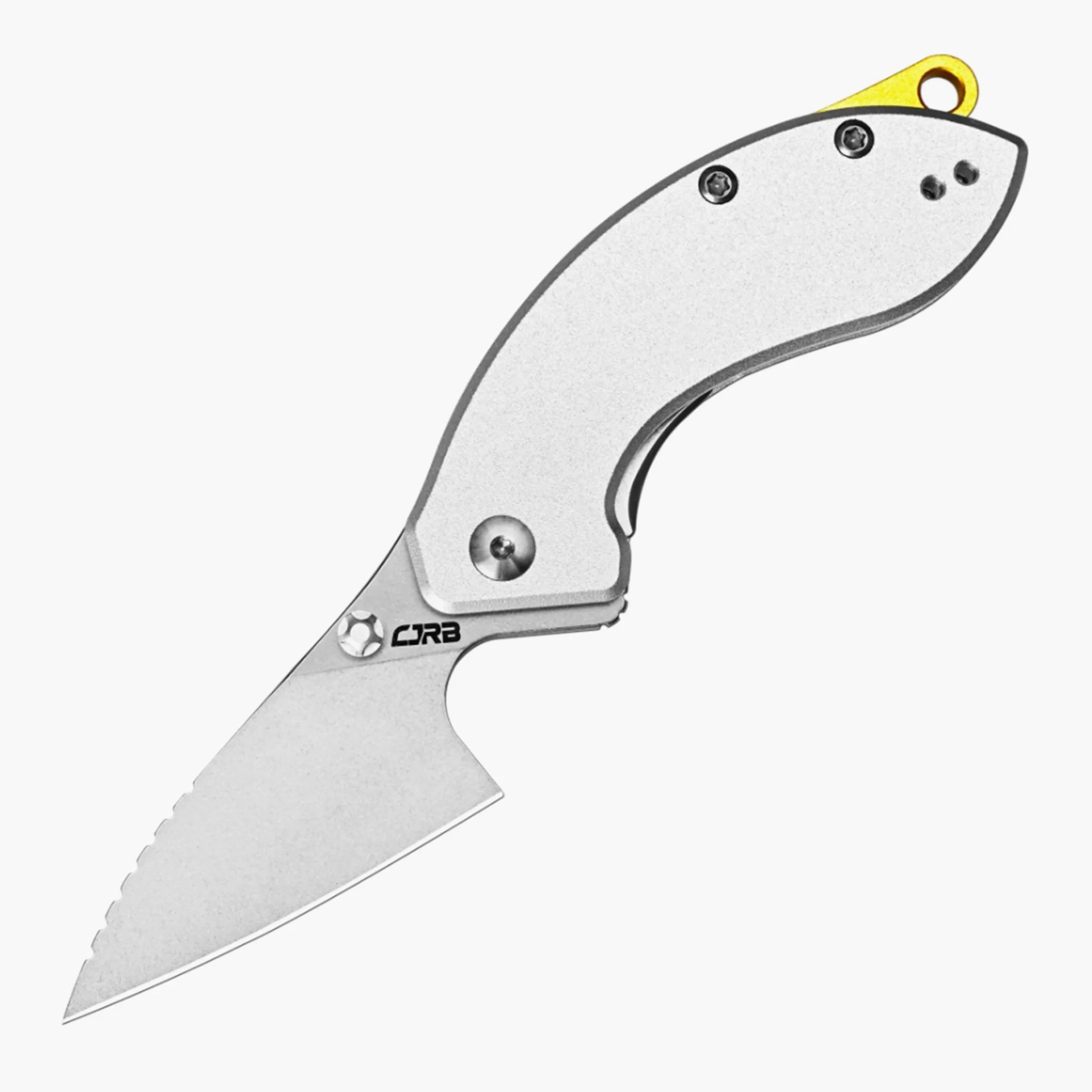 Silver folding knife blade with serrated edge and white handle featuring a yellow lanyard hole.