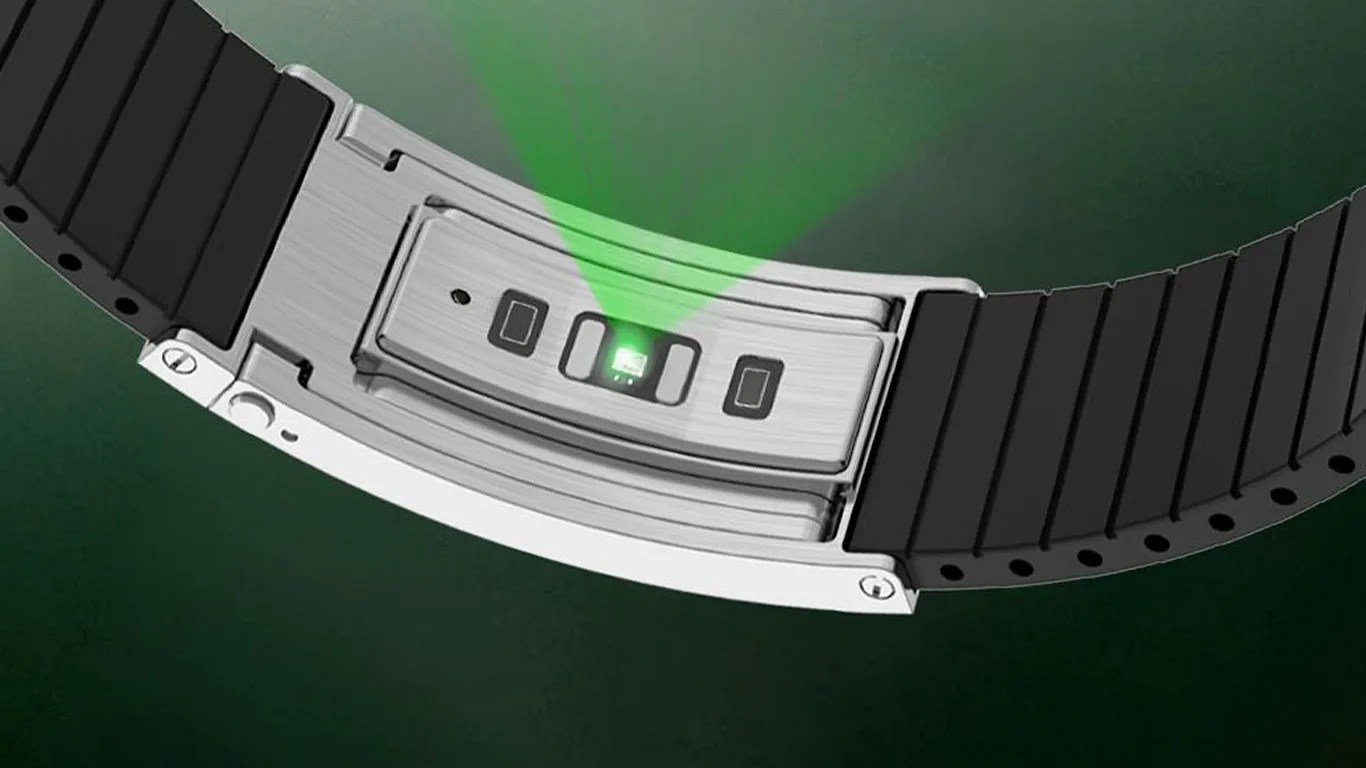 Silver smartwatch with black segmented band showing green light sensor on the underside.