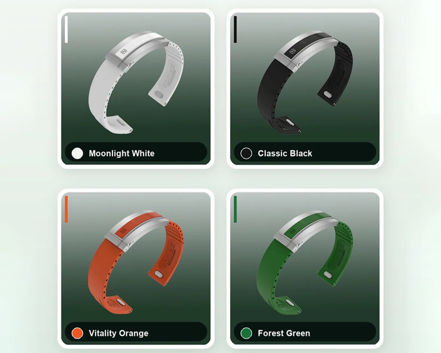 Four silicone wristbands with metal clasps in colors Moonlight White, Classic Black, Vitality Orange, and Forest Green shown on a green gradient background.