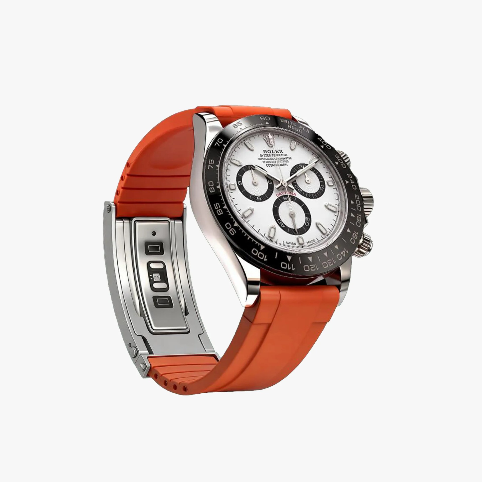Rolex Oyster Perpetual Cosmograph Daytona watch with white dial, black bezel, and orange rubber strap.