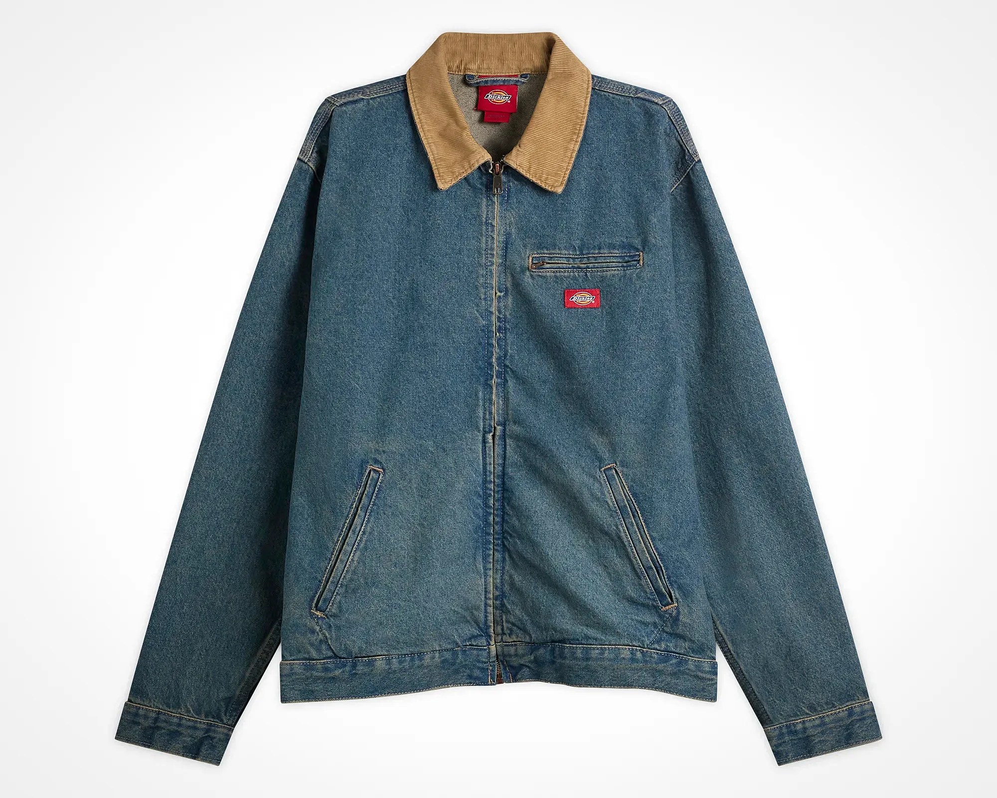 Blue denim jacket with tan corduroy collar and front zipper, featuring two side pockets and a chest pocket with a red logo patch.