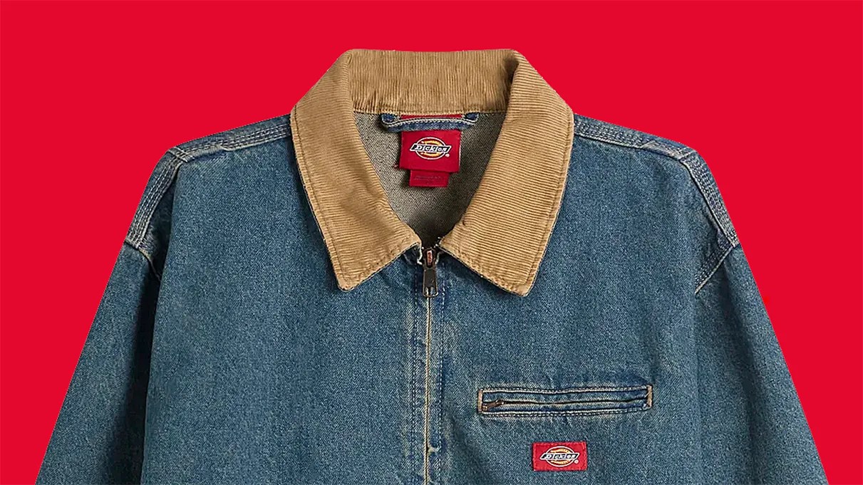Blue denim jacket with tan corduroy collar and red Dickies logo patch on chest pocket.
