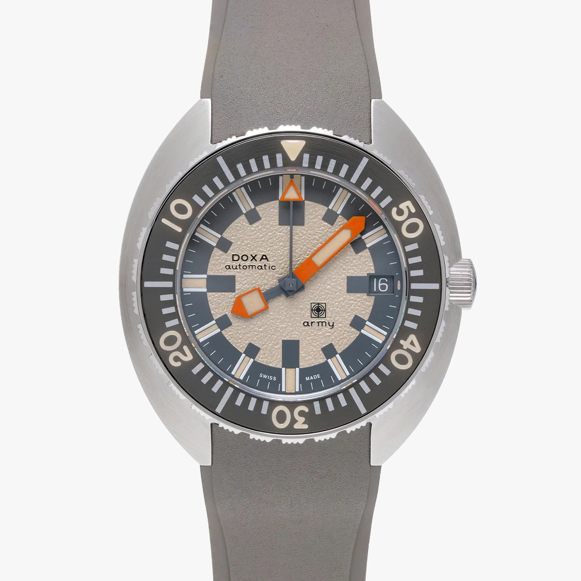 Doxa Army automatic wristwatch with textured beige dial, orange hands, black bezel, and gray strap.