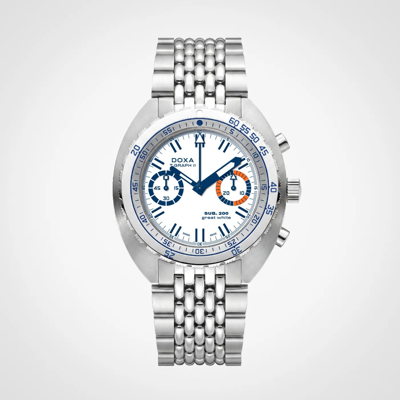 Stainless steel DOXA SUB 200 great white chronograph watch with white dial and blue and orange accents.
