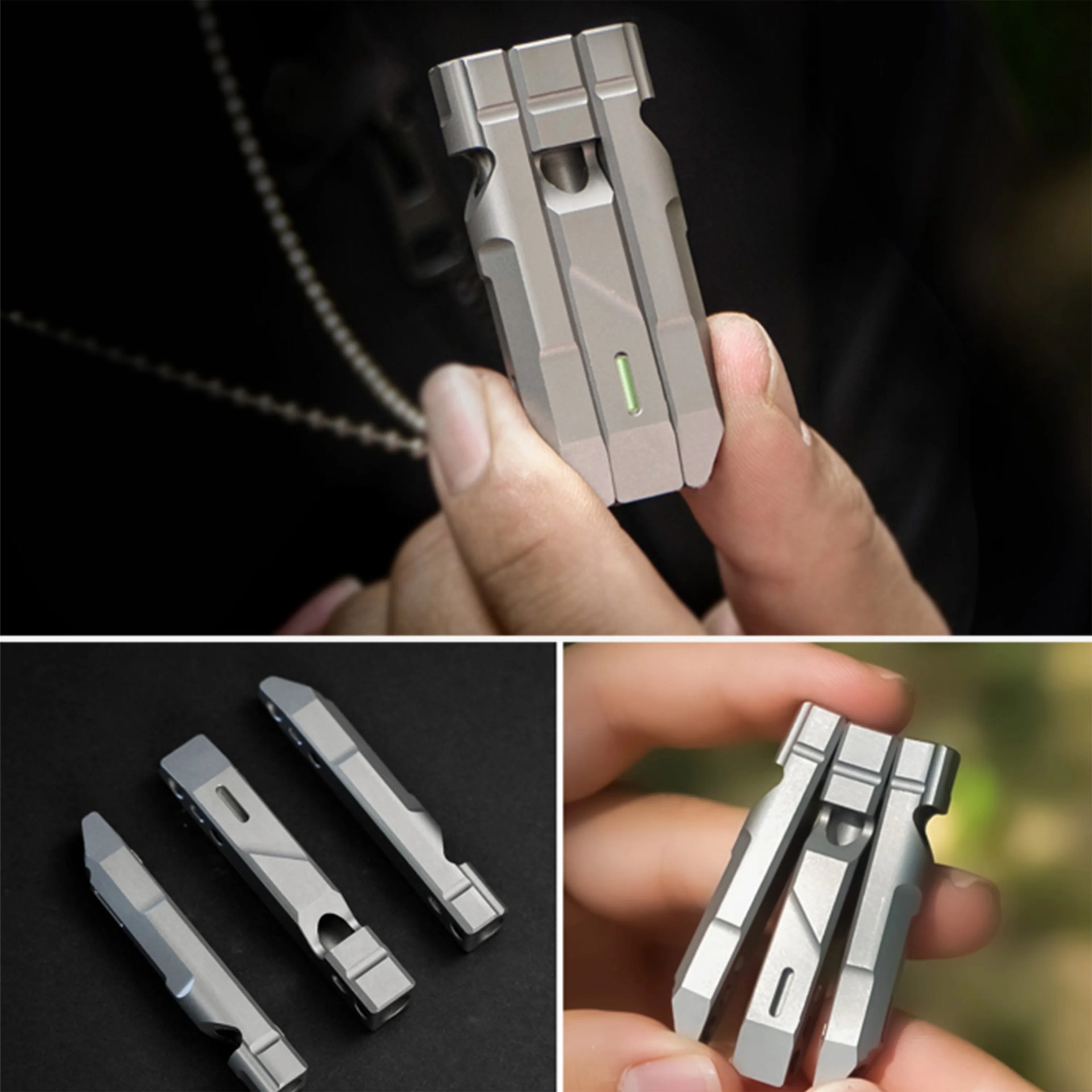 Set of four silver-gray metal multi-tool bits with geometric designs, shown held in a hand and laid out on a black surface.