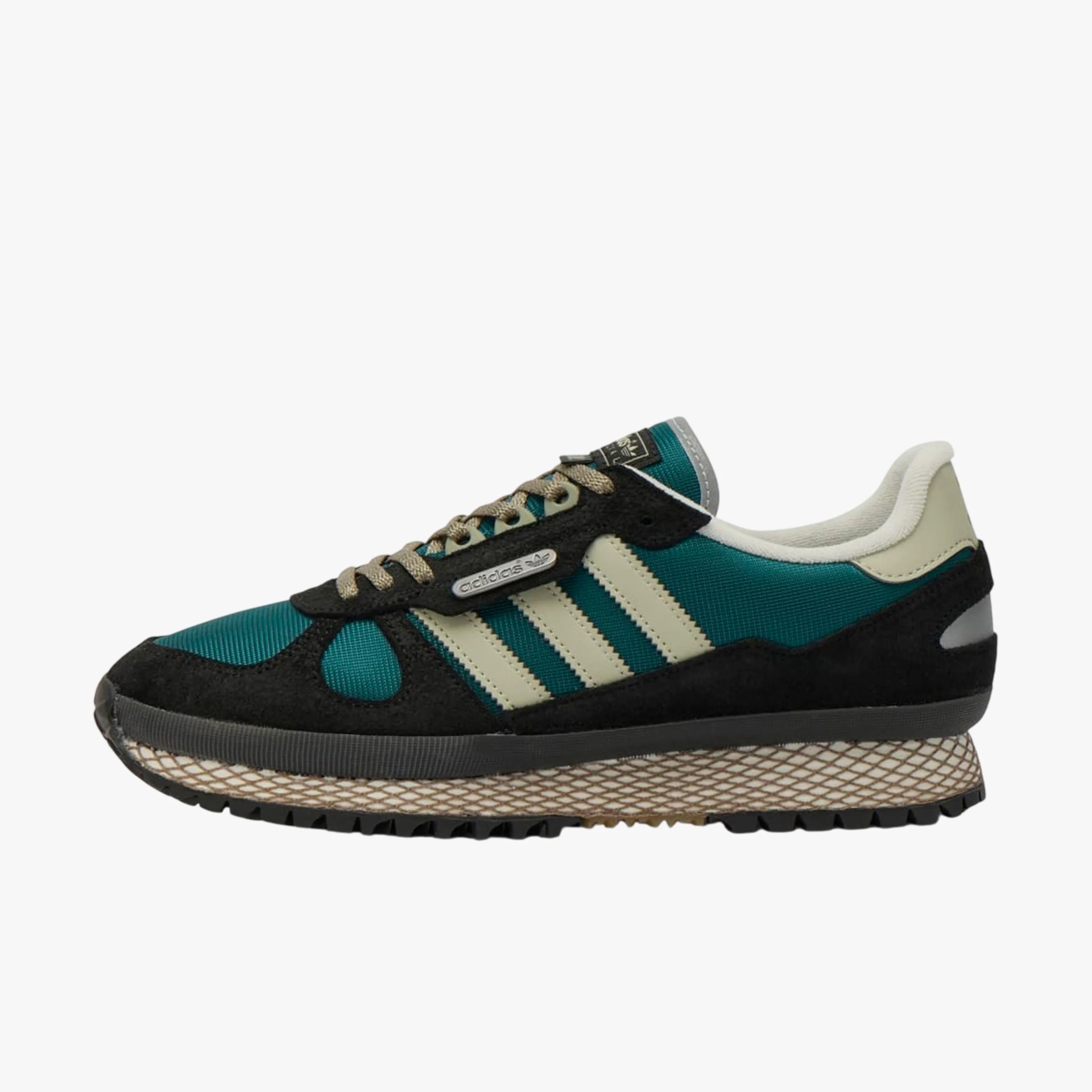 Teal and black Adidas sneaker with beige stripes and textured sole.