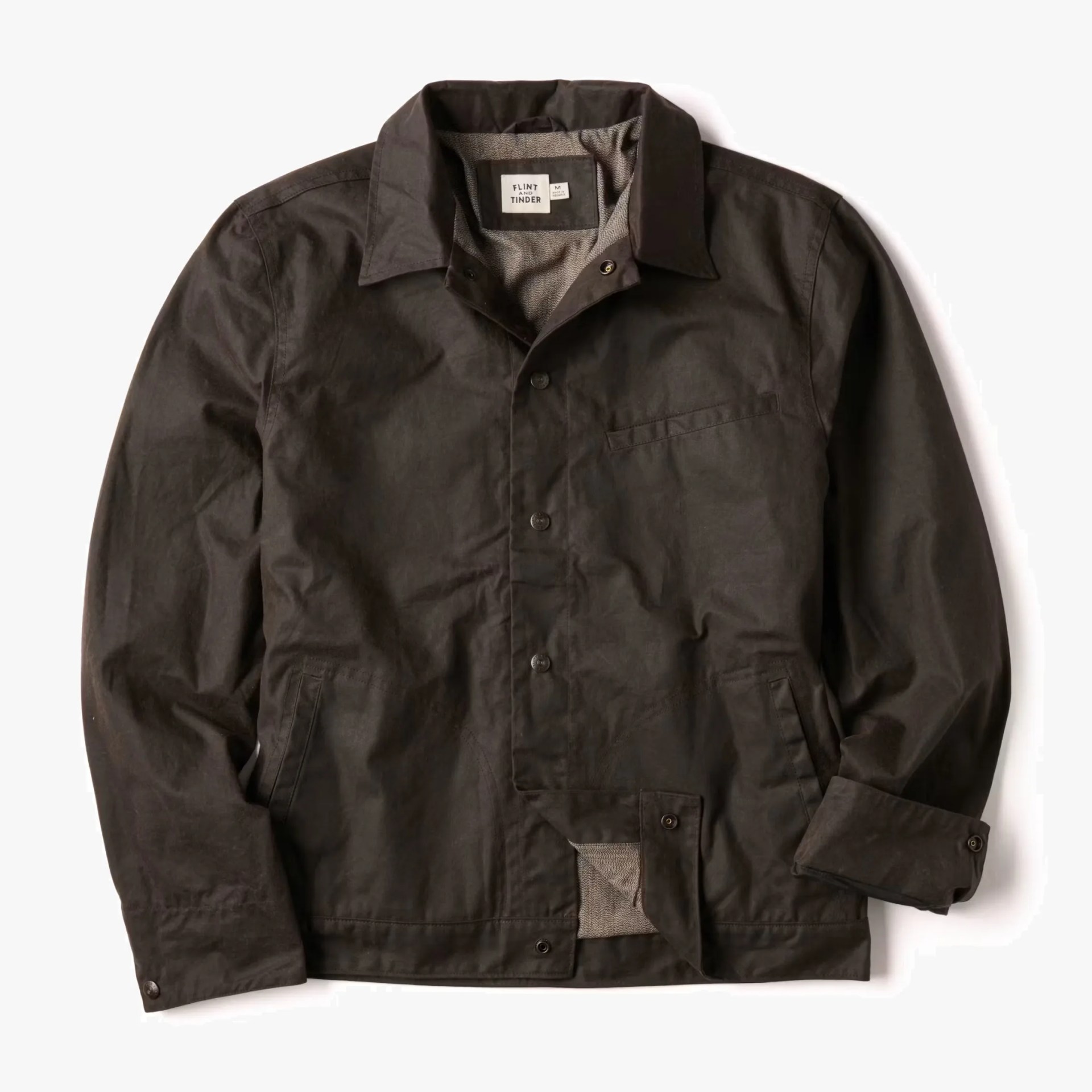 Dark brown button-up jacket with collar and textured inner lining, laid flat.