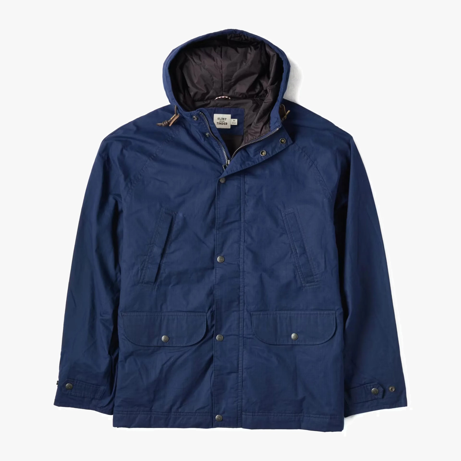 Navy blue hooded jacket with front zipper, snap buttons, and multiple pockets.