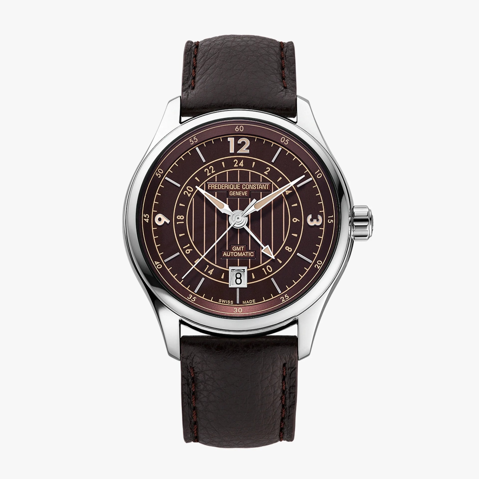 Round silver watch with brown dial featuring gold-tone numerals and markers, brown leather strap, and date window at 6 o'clock.