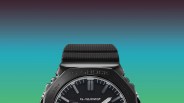 Close-up of the top part of a black G-Shock watch with textured black resin strap and metal bezel.