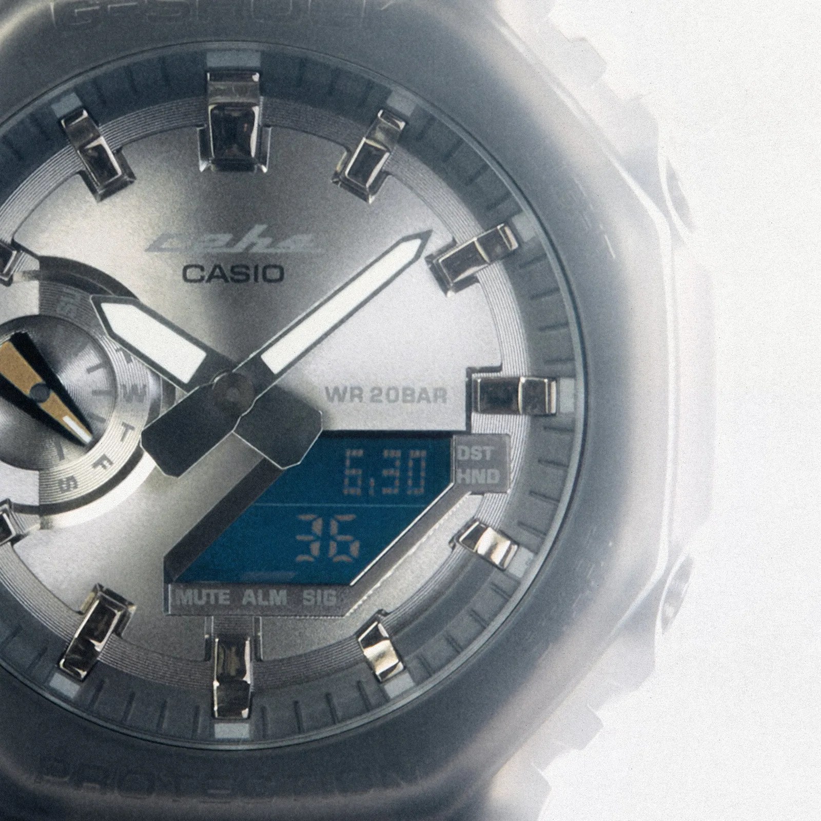 Close-up of a Casio wristwatch face with analog hands, digital display, and metallic hour markers.