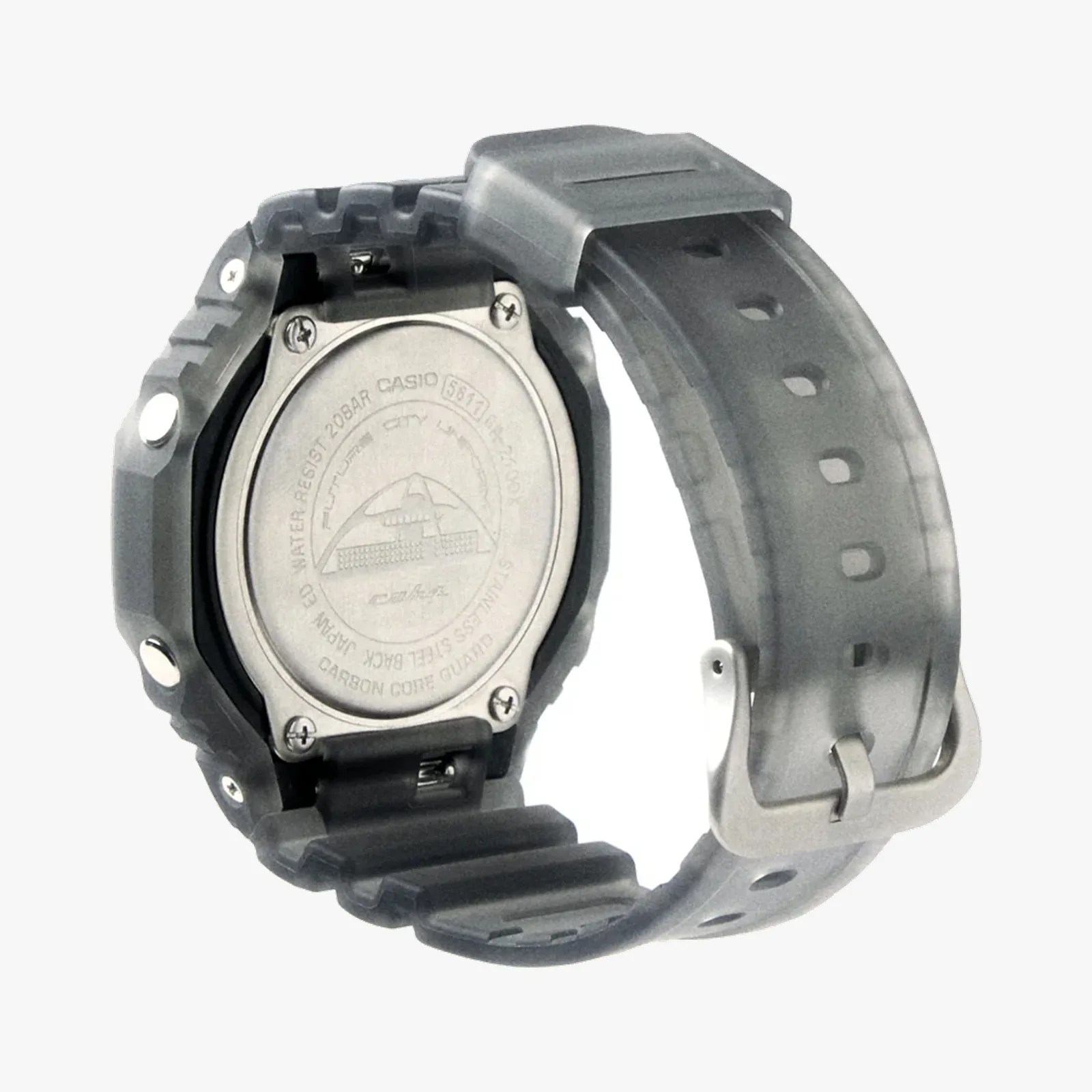 Back view of a Casio G-Shock watch with a black resin band and stainless steel case back.