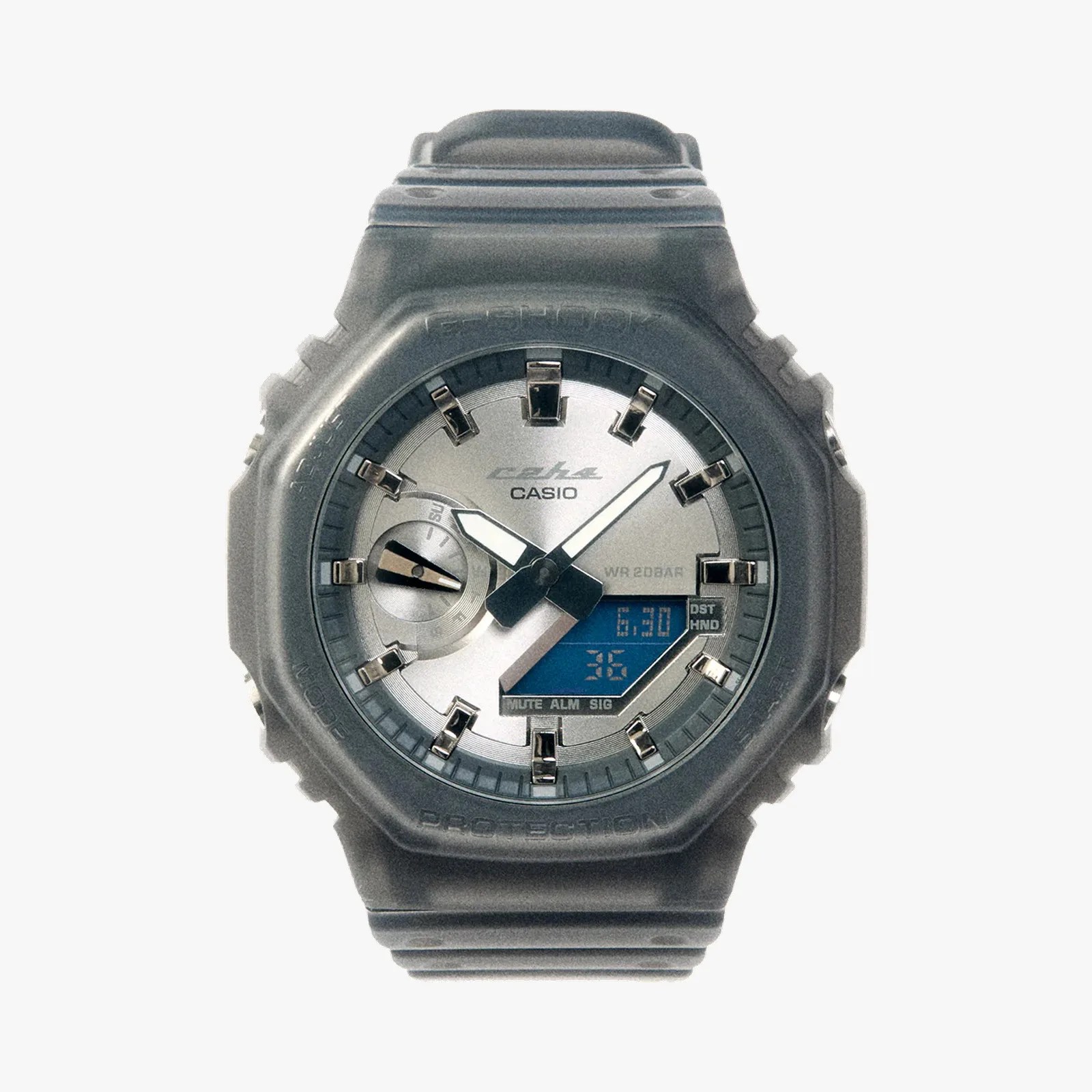 Black Casio G-Shock watch with analog and digital display, silver dial, and resin strap.