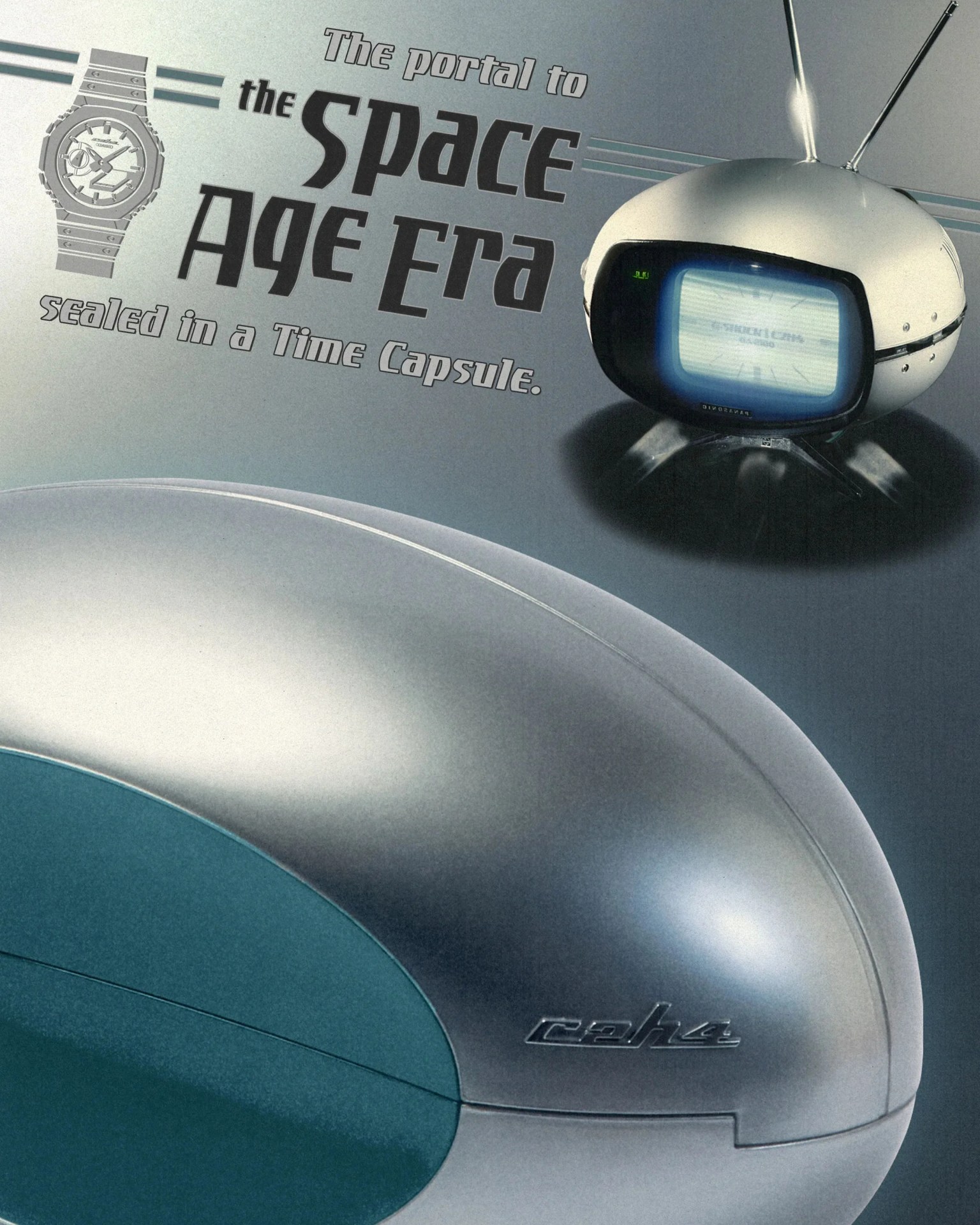Silver and teal retro-futuristic television with antennae and text about the Space Age Era sealed in a time capsule.