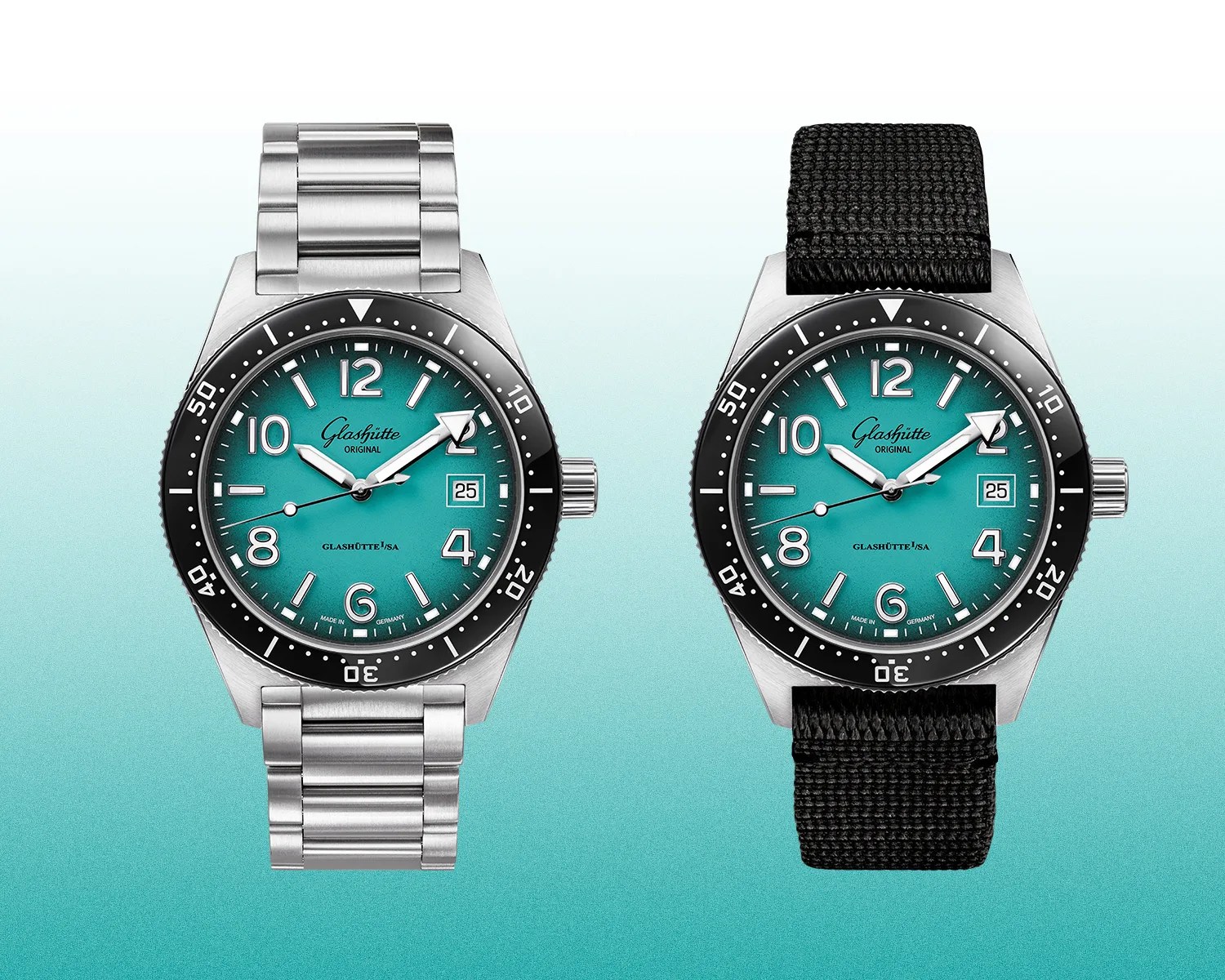 Two Glashütte Original watches with turquoise dials, black bezels, and date windows, one with a silver metal bracelet and the other with a black fabric strap.