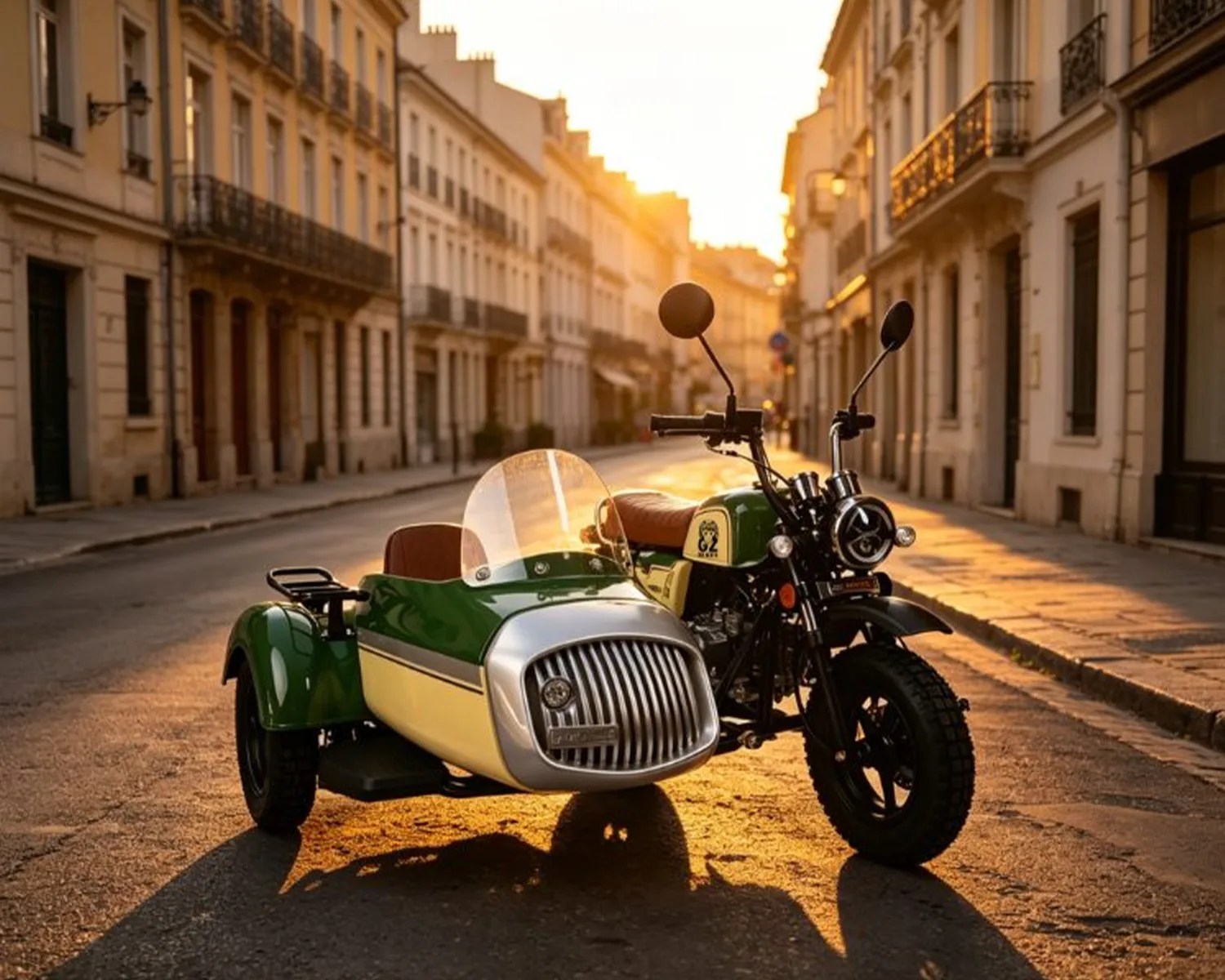 Green and yellow motorcycle with a sidecar parked on a sunlit street at sunset.
