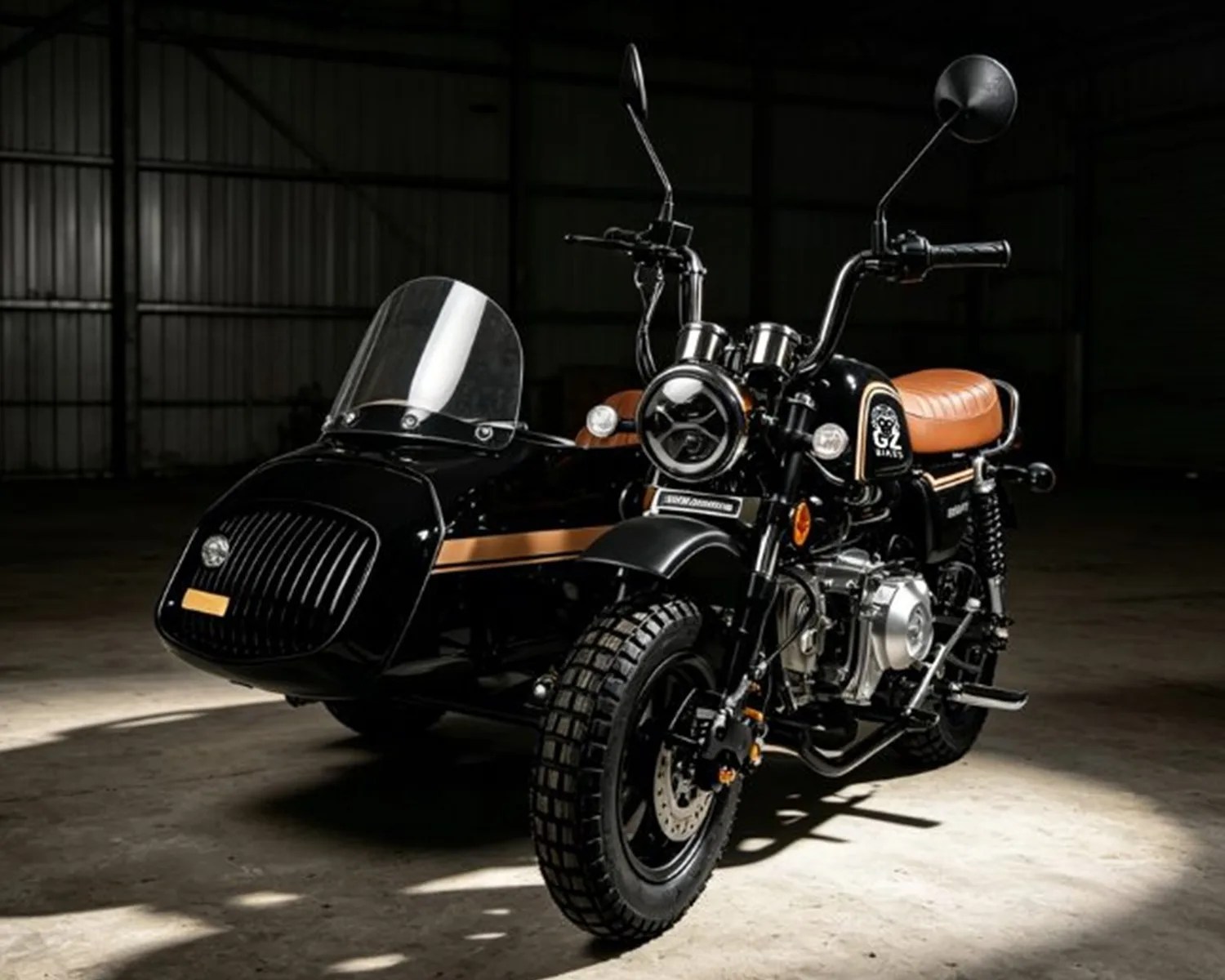 Black motorcycle with a sidecar featuring brown leather seats and gold accents in a dimly lit garage.