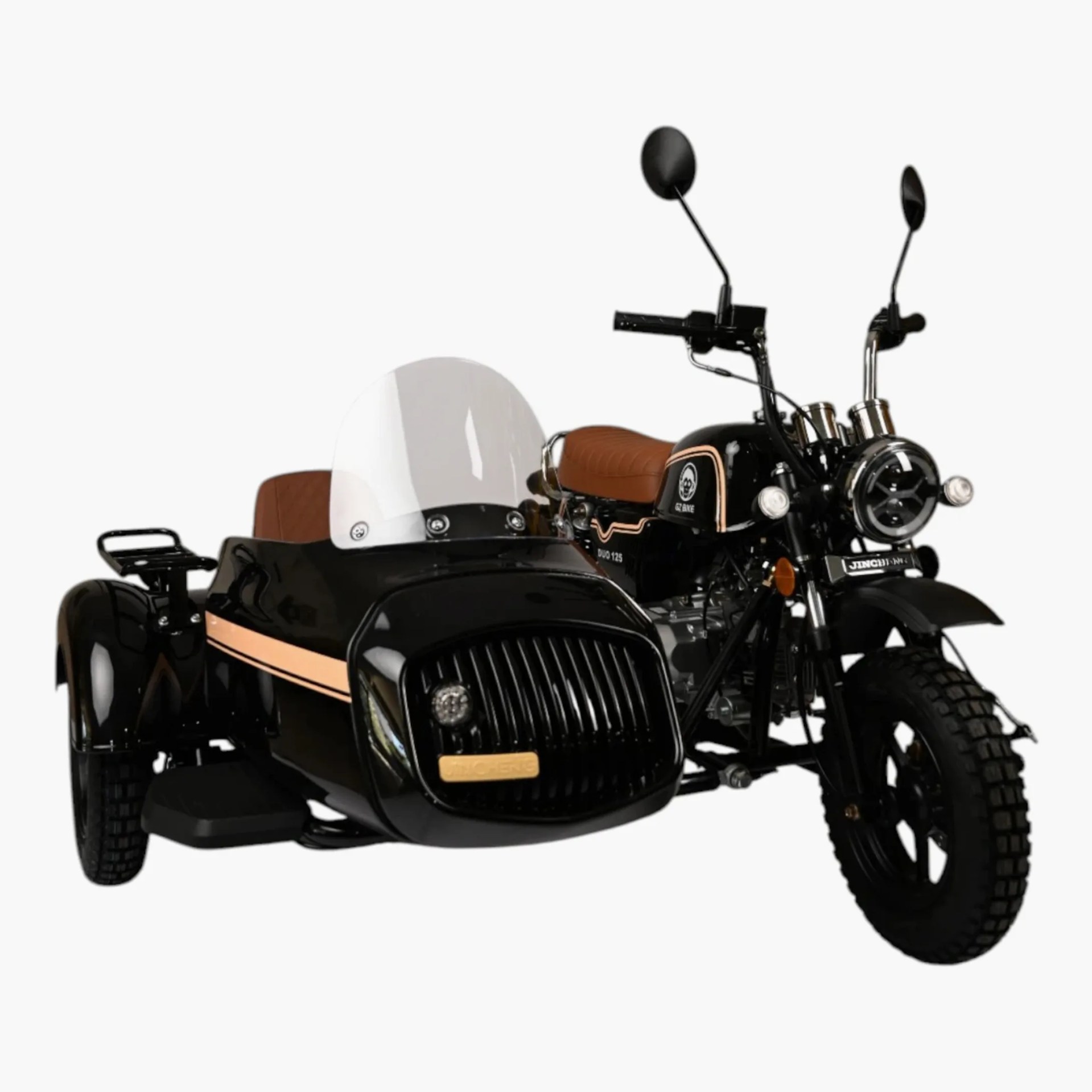 Black motorcycle with brown leather seat and attached sidecar featuring a clear windshield and brown seat.