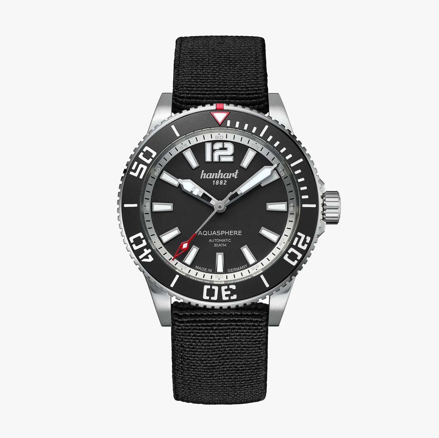 Black dial Hanhart Aquasphere automatic watch with silver case and black fabric strap.