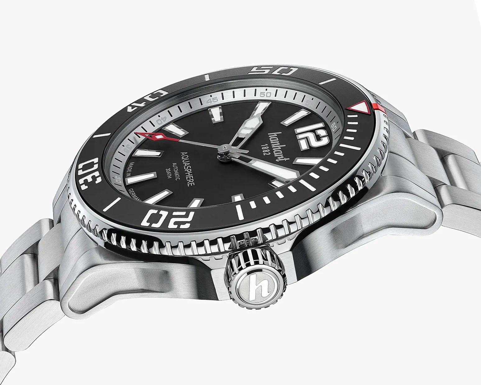 Stainless steel Hanhart Aquasphere dive watch with black dial, white markers, and red-tipped second hand.