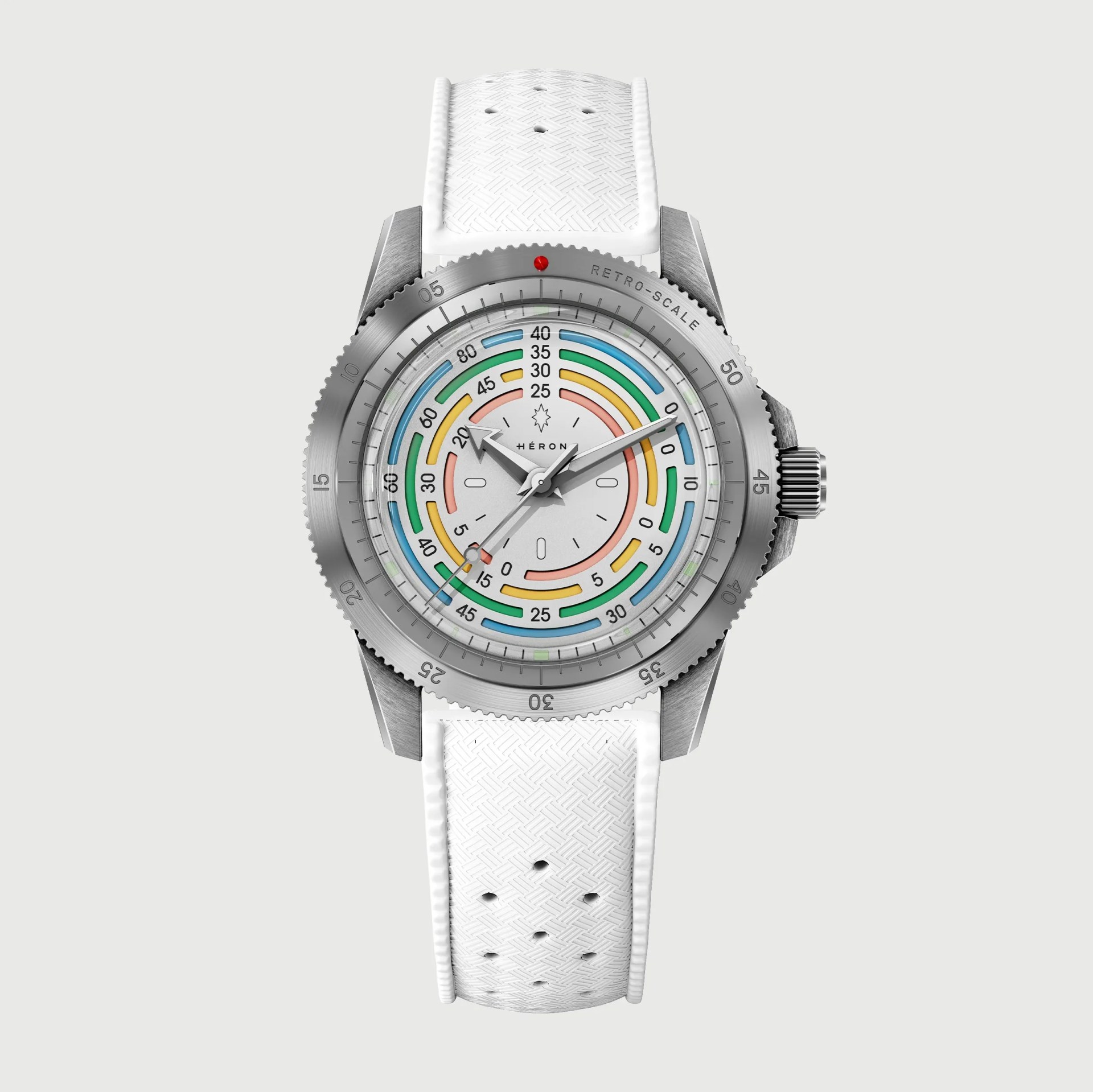 Silver watch with multicolored circular scale on white dial and white textured perforated strap.