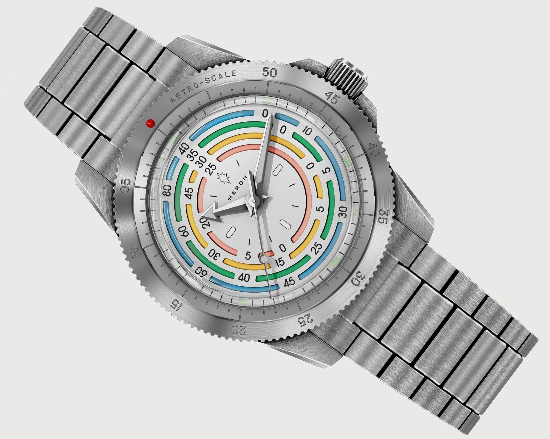 Stainless steel wristwatch with multicolored circular scale and brushed metal bracelet.