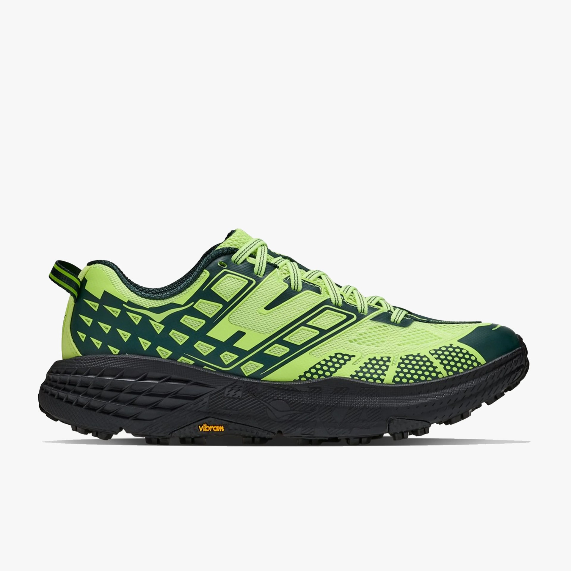 Neon green and dark green trail running shoe with black Vibram sole and geometric patterns.