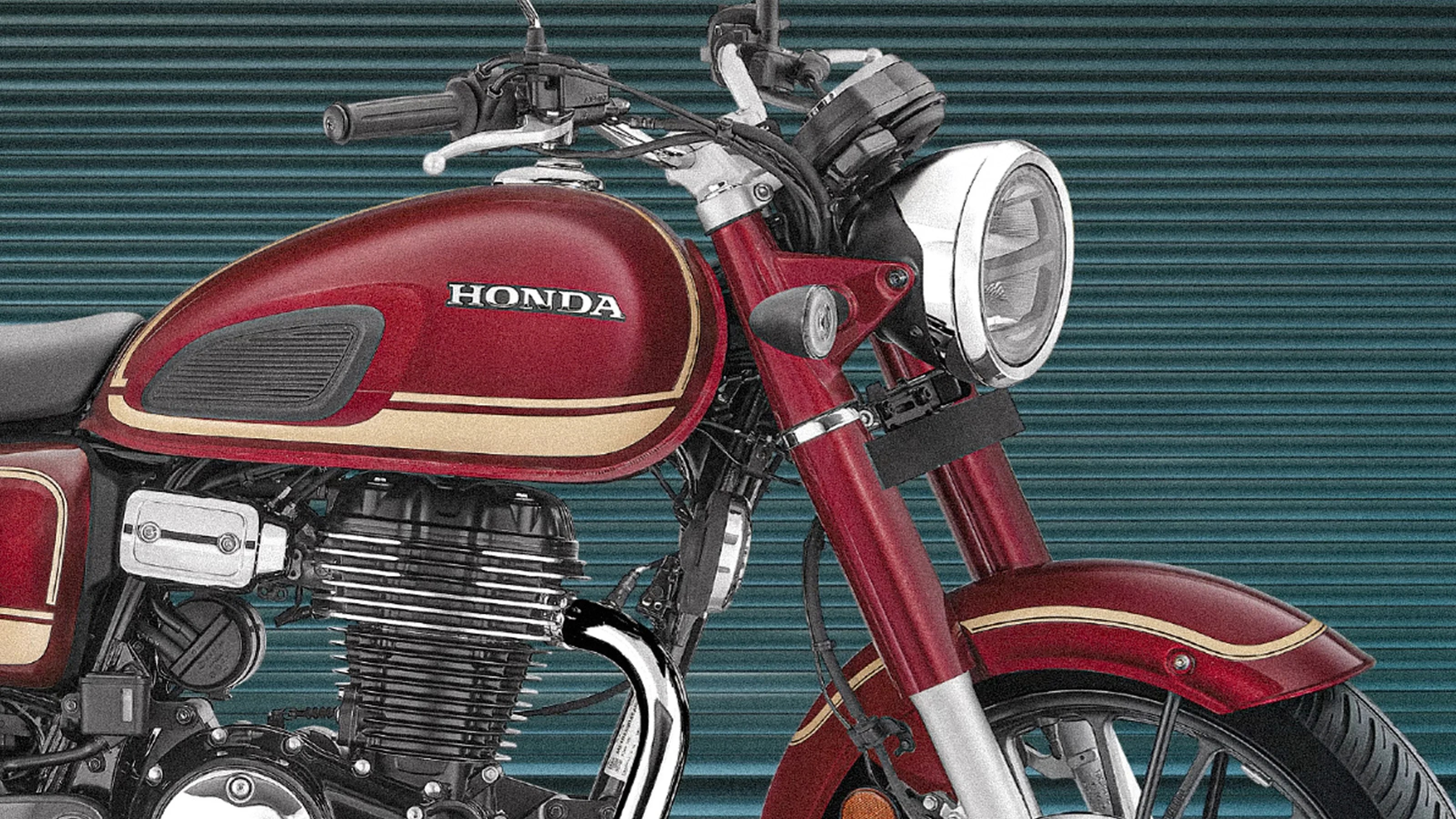 Red Honda motorcycle fuel tank and front fork with chrome headlight against a blue corrugated metal background.