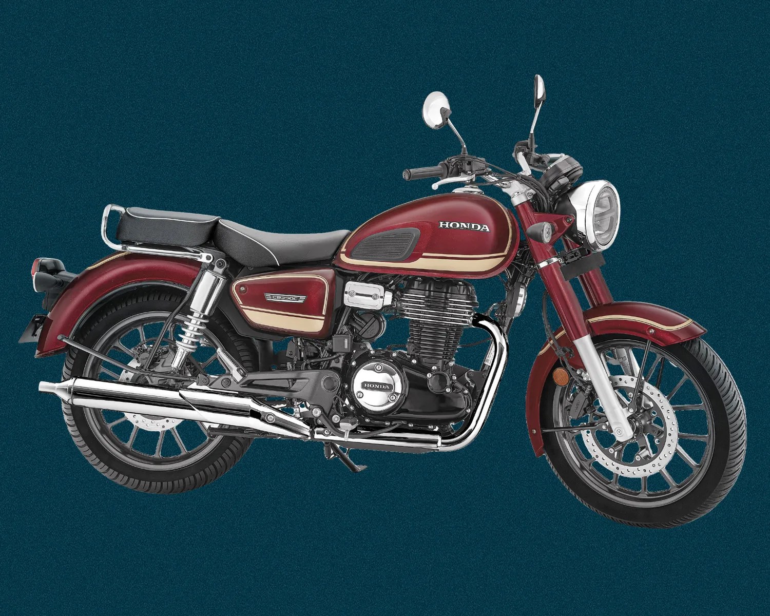 Maroon Honda motorcycle with cream stripes, chrome exhaust, and black seat on a dark teal background.