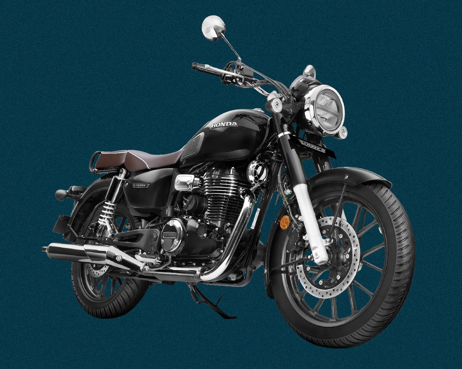 Black Honda motorcycle with chrome exhaust and brown seat on a dark teal background.