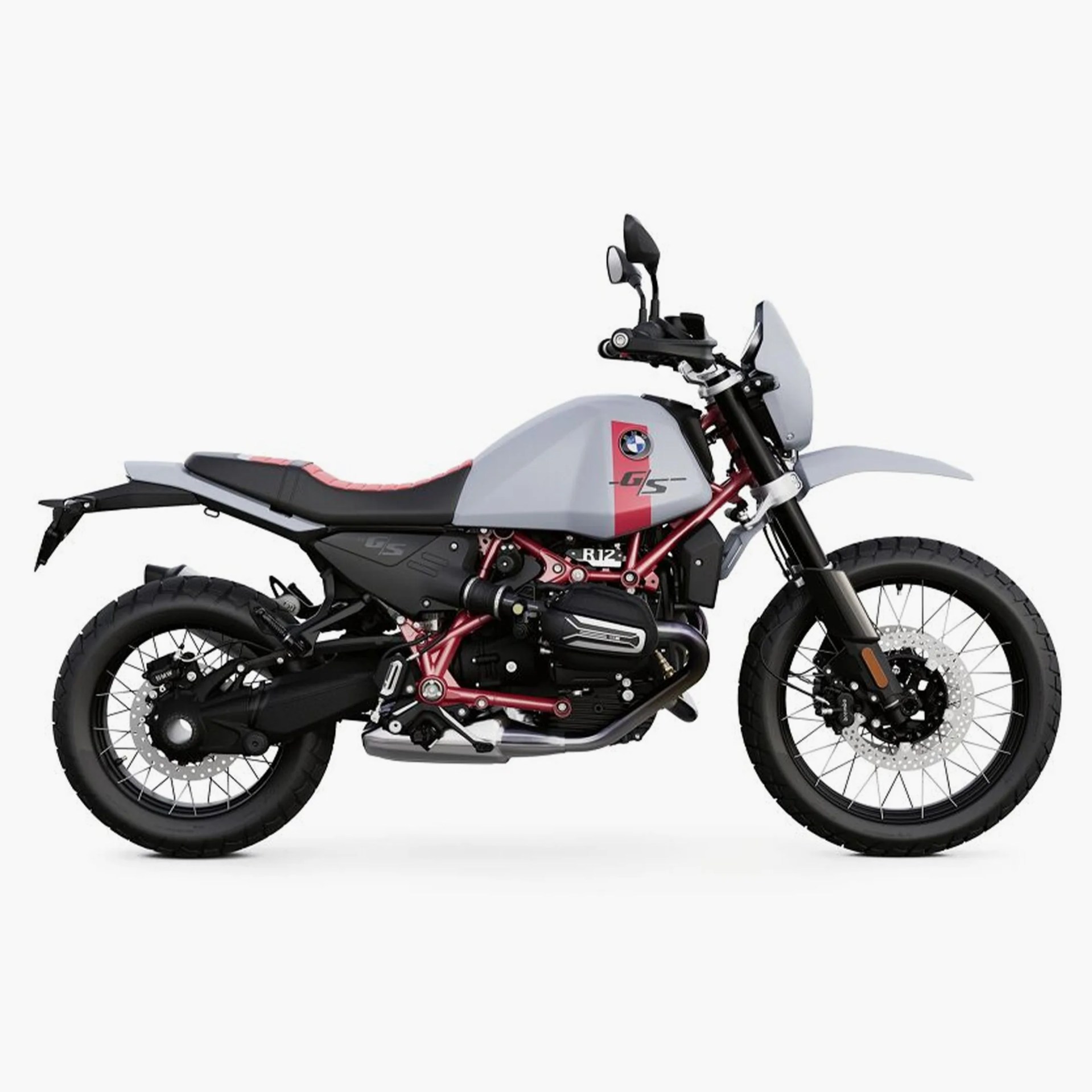 Gray BMW GS R12 motorcycle with red frame and black tires on a white background.