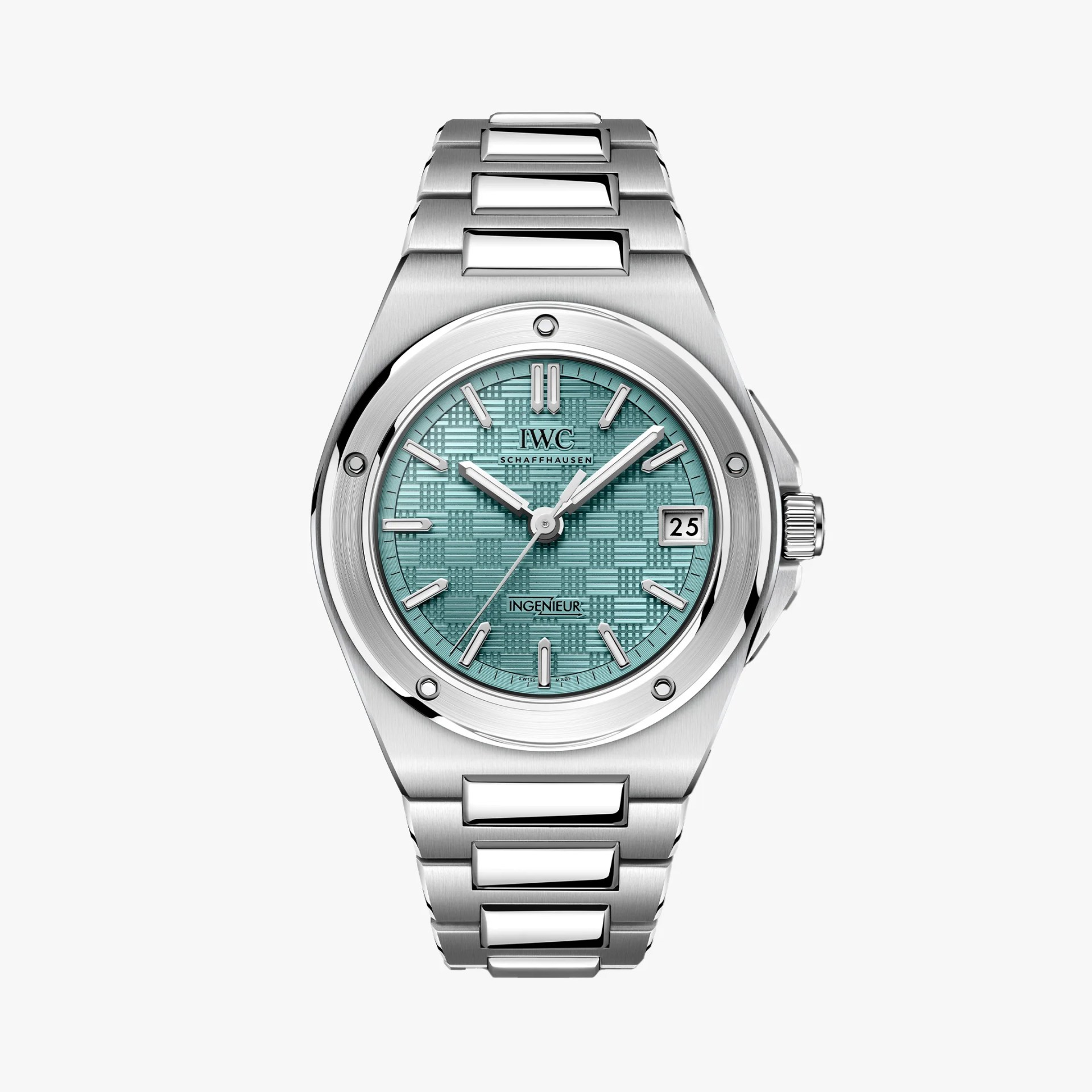 Silver stainless steel wristwatch with a textured turquoise dial and date display at 3 o'clock.