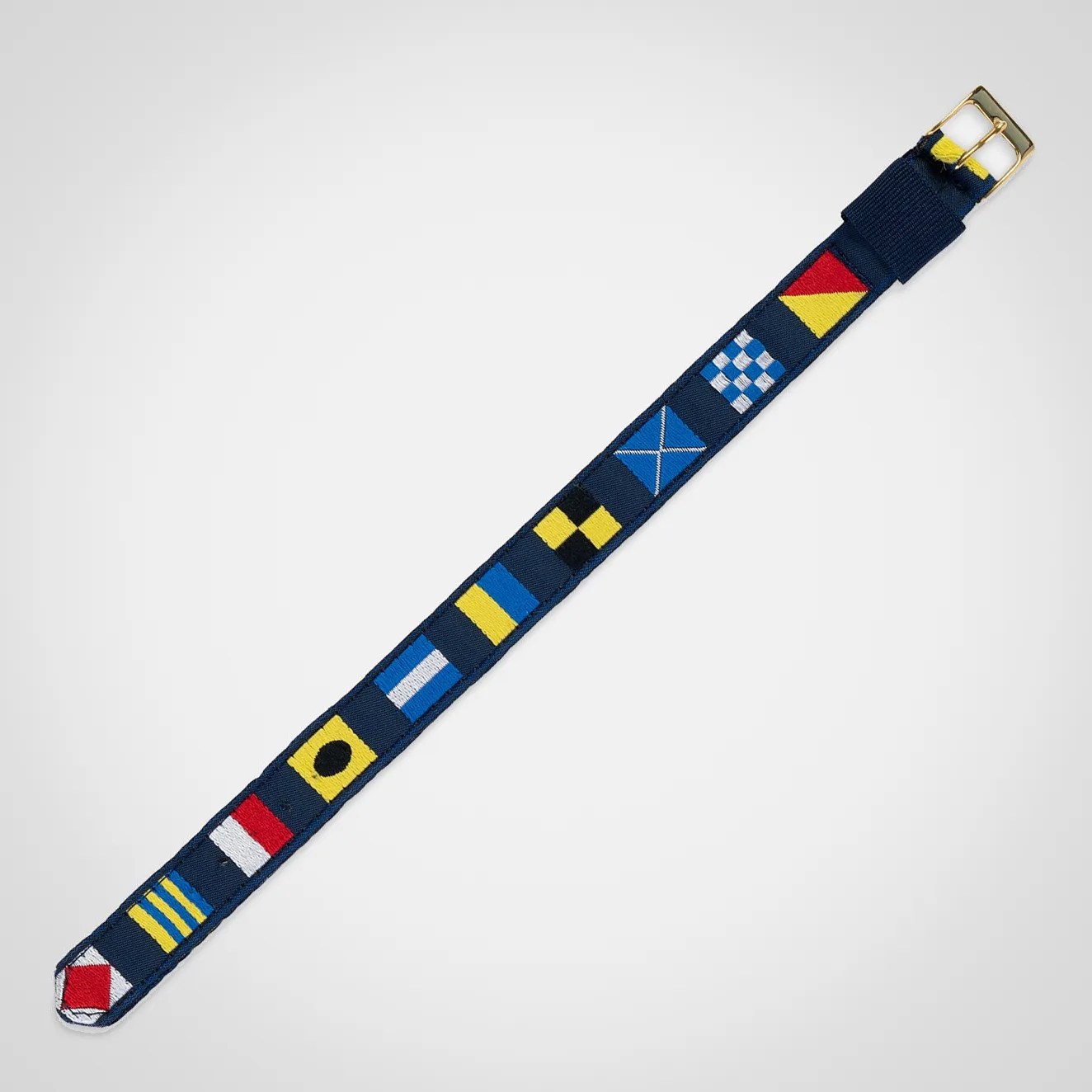 Navy fabric belt with colorful nautical signal flag patterns and a gold buckle.