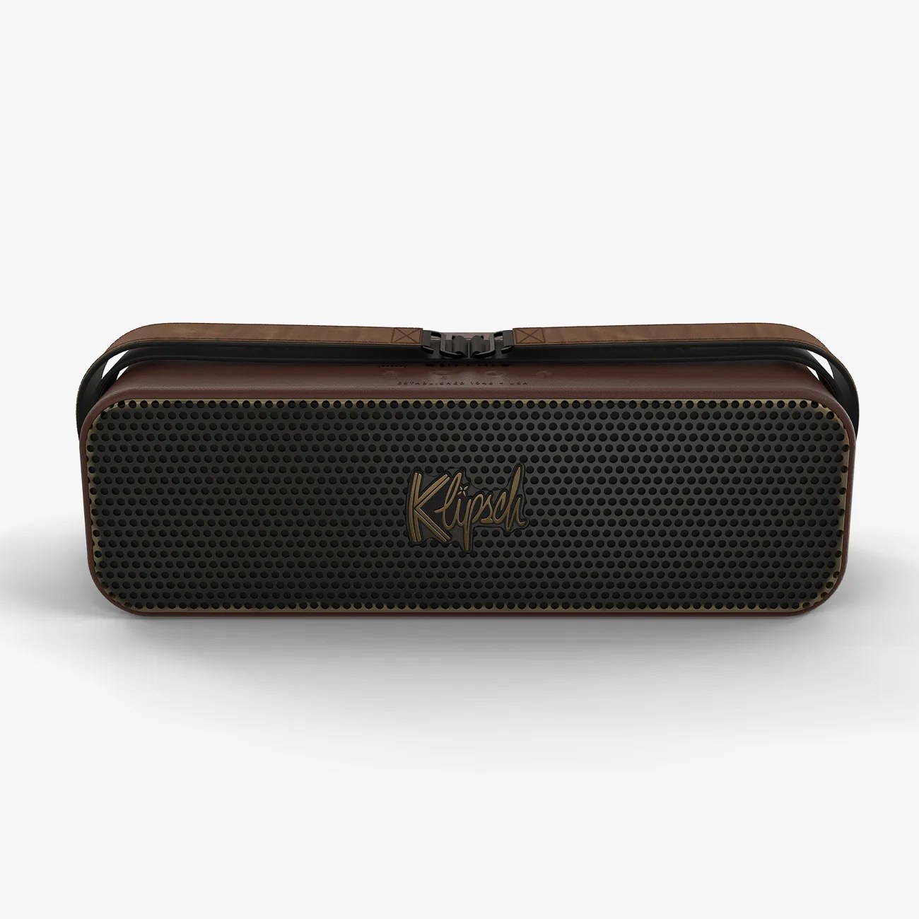 Rectangular brown portable speaker with black perforated front grille and leather strap handle.