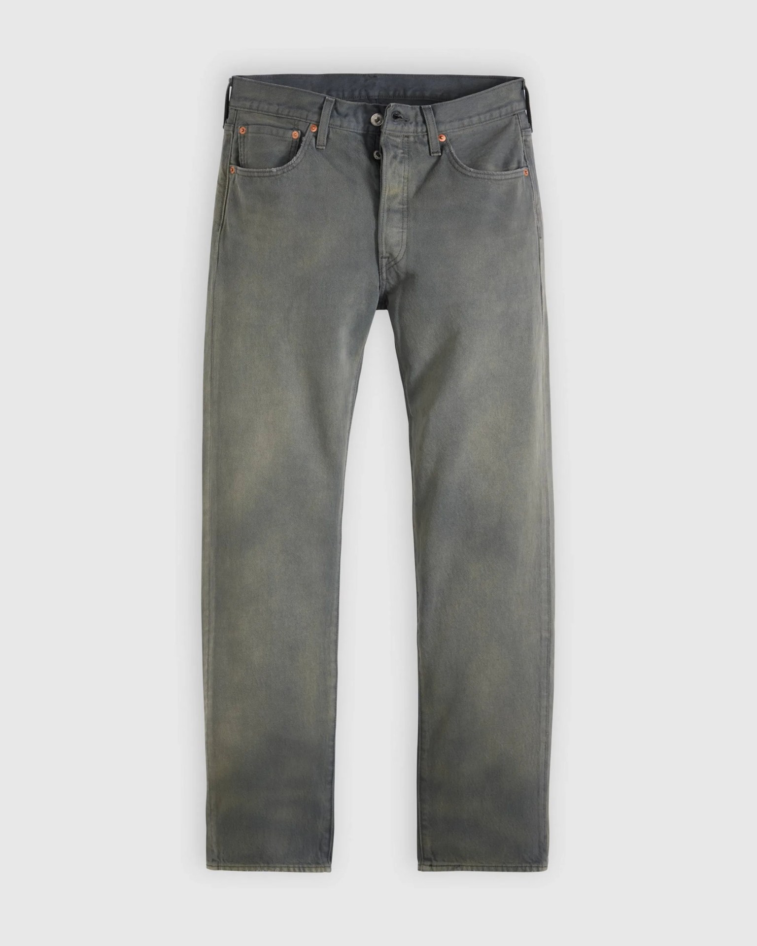 Faded gray straight-leg jeans with copper rivets and button fly on a white background.