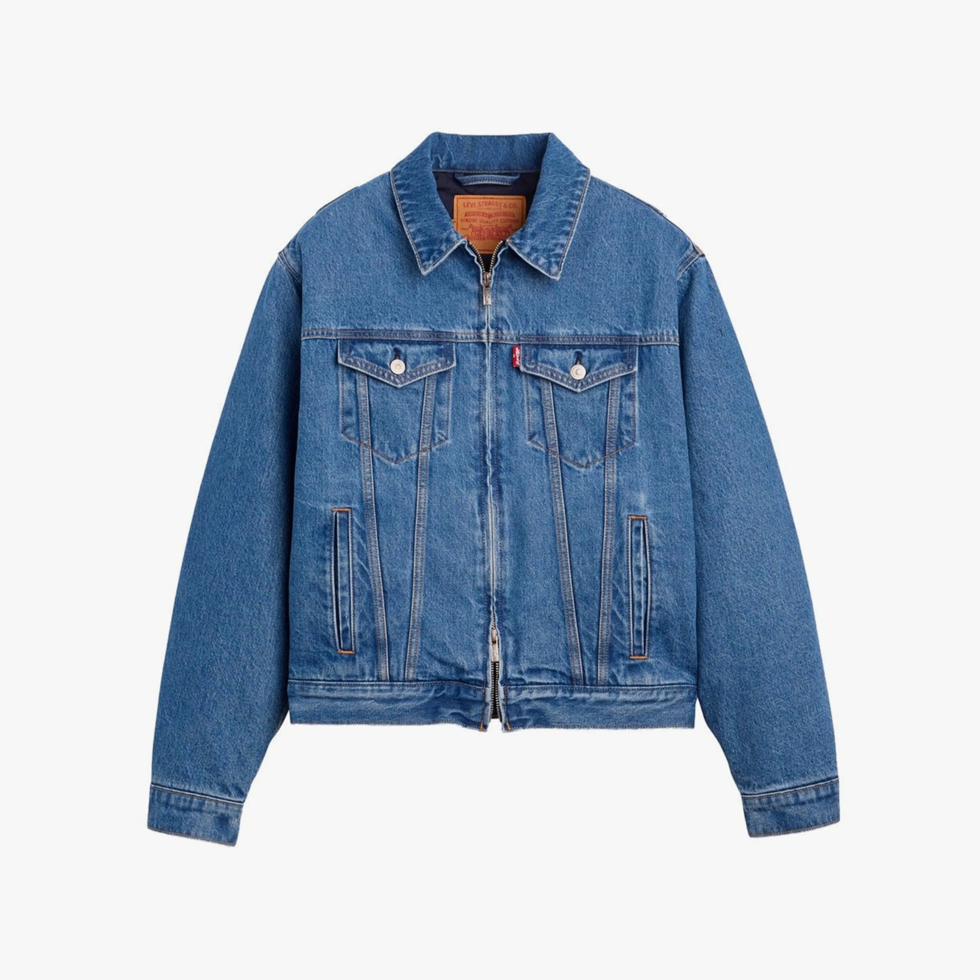 Blue denim jacket with front zipper, buttoned chest pockets, and side pockets.